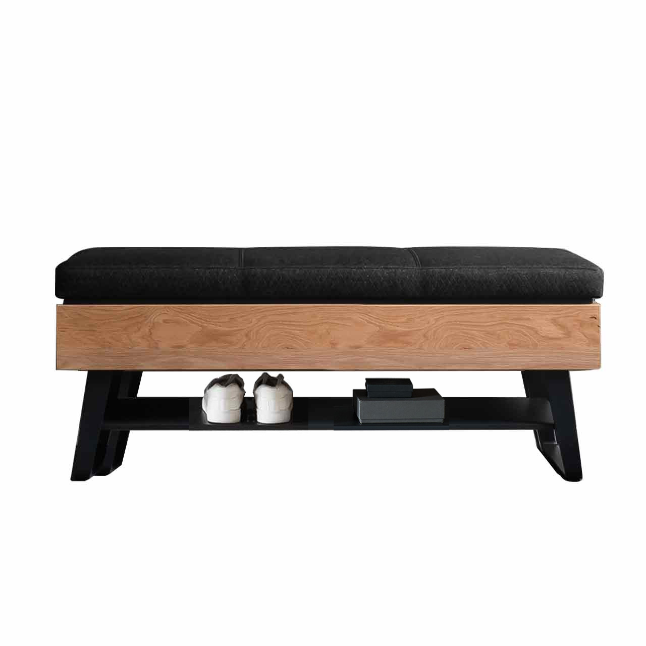 Hartmann SALVO Garderoben - Sitzbank 8550G-3121 - Kerneiche Natur und Metall Moderne Sitzbank aus massiver Kerneiche Natur mit aufklappbarer Polstersitzfläche in Anthrazit, zwei Metallkufen und einem Ablageboden.