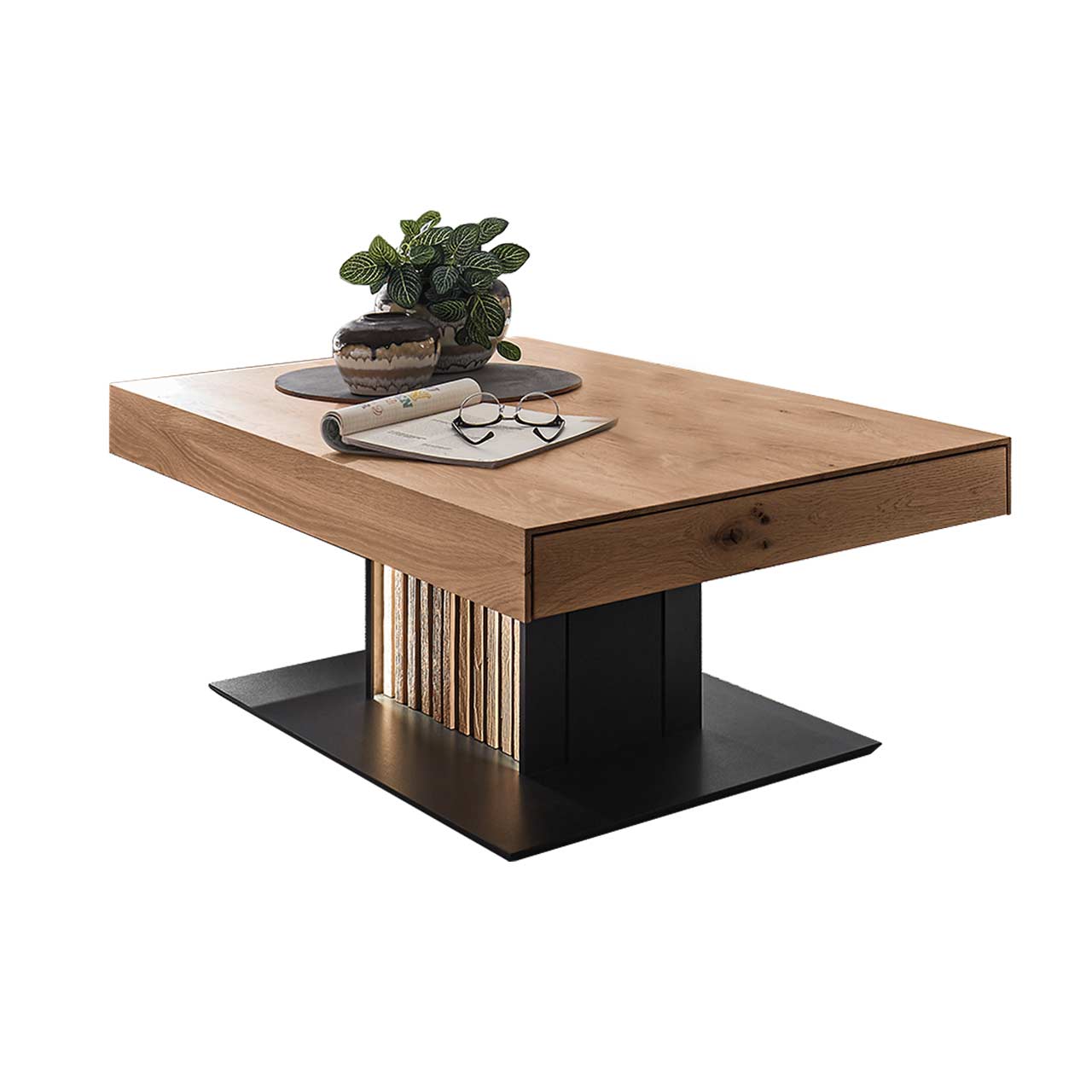 Hartmann SELINO - Couchtisch 8560-1448 Moderner Couchtisch mit rechteckiger Tischplatte aus massiver Kerneiche mit seitlichem Schubkasten. Beleuchtete Säule mit Holzlamellen auf dunkler Bodenplatte.