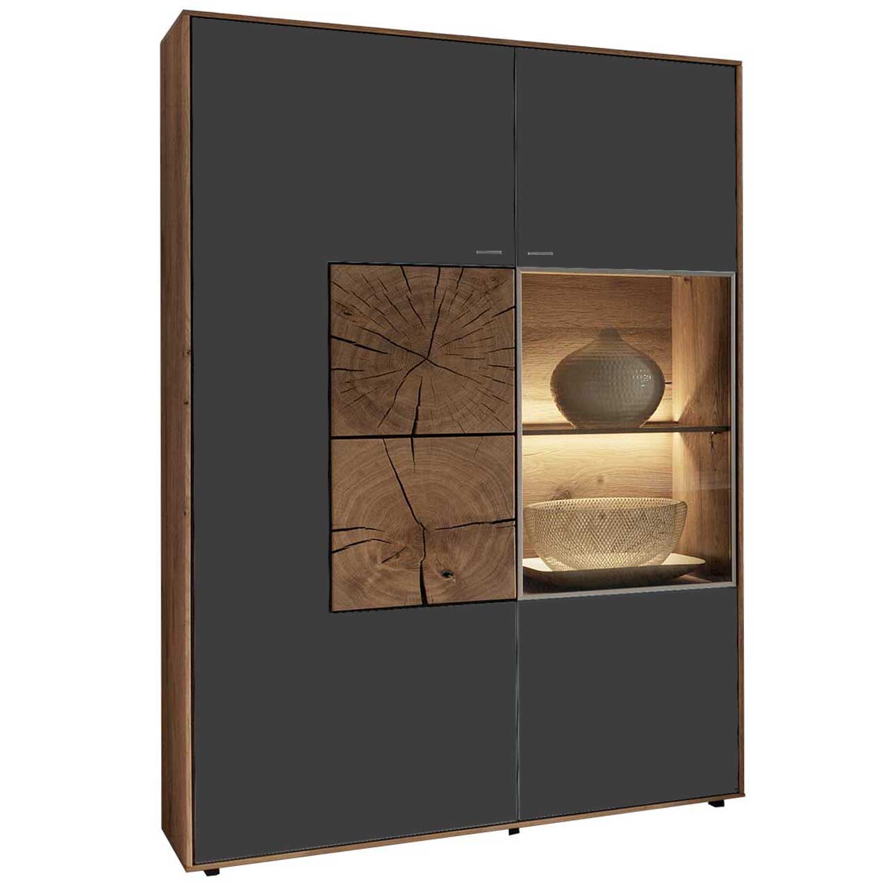 Modernes Standelement aus massiver Kerneiche Umato mit Mattglas anthrazit Front. Rechts mit Glastür und beleuchtetem Glasboden, links mit Mattglas anthrazit Tür und zwei, rechteckigen Hirnholzscheiben.