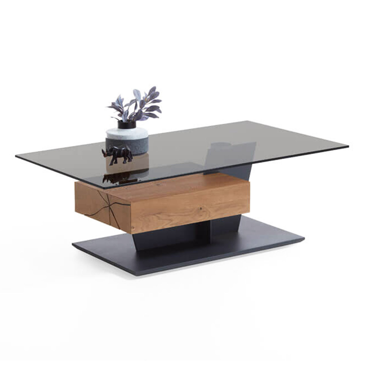 hartmann_BENJO_7220W-1402_couchtisch edler Couchtisch mit Glasplatte und massivem Holz-Schubkasten