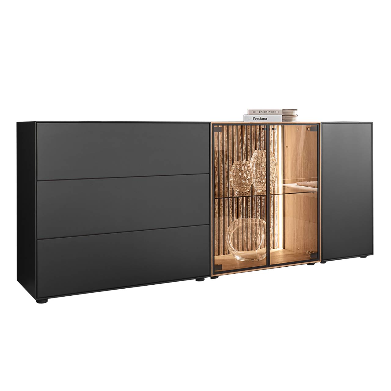 Hartmann SELINO - Sideboard 8560-4222 Modernes Sideboard aus massiver Birke anthrazit mit Holztür, zwei Glastüren, beleuchteter heller Holz-Lamellenrückwand und Glaseinlegeboden sowie zwei Schubkästen und Klappe in Anthrazit.