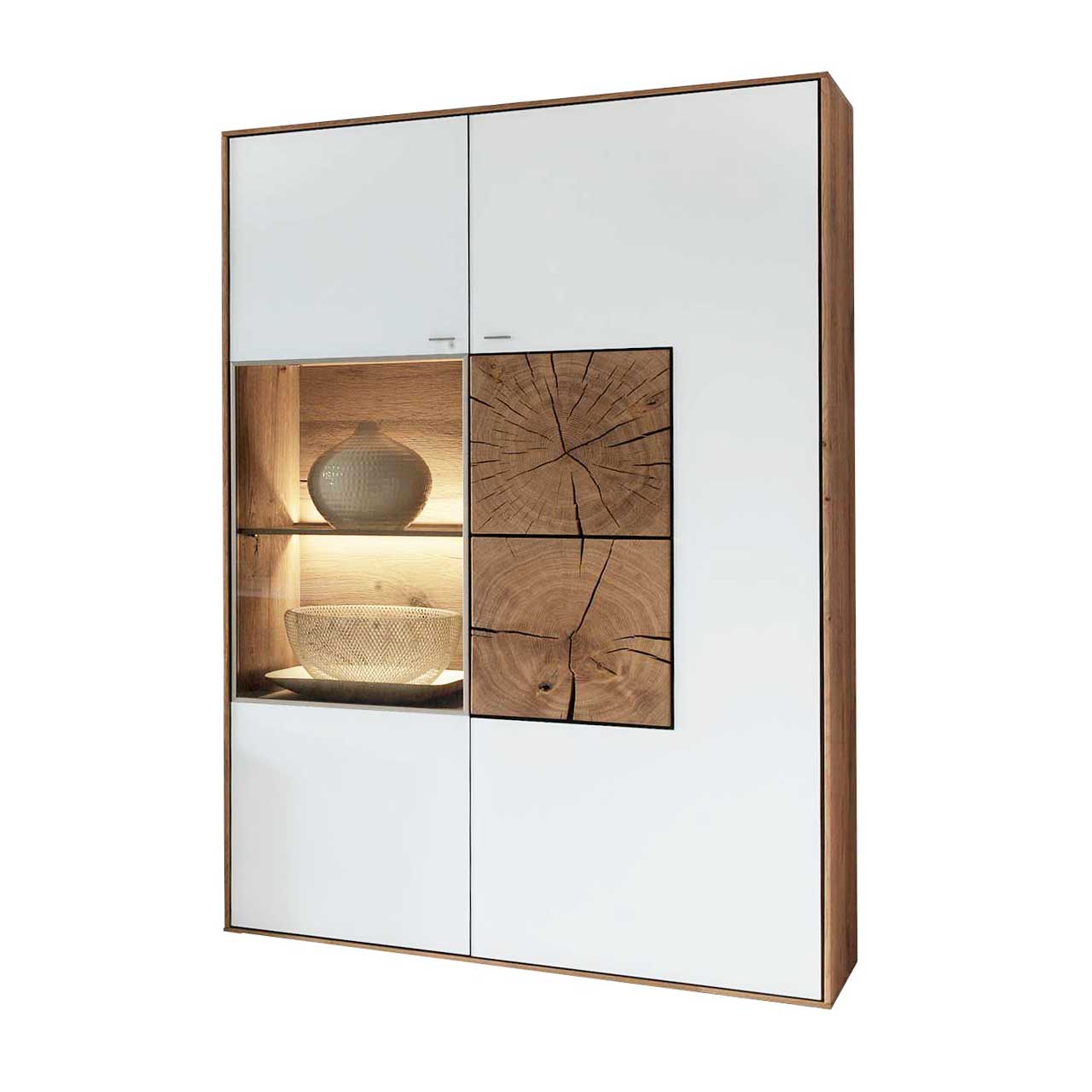 Hartmann CAYA - Hängeelement 7170-7096W re. Große, moderne Hängevitrine aus massiver Kerneiche mit Mattglas weiß Front mit beleuchteter Glastür links und einer Mattglas weißen Tür mit zwei rechteckigen Hirnholzscheiben rechts.