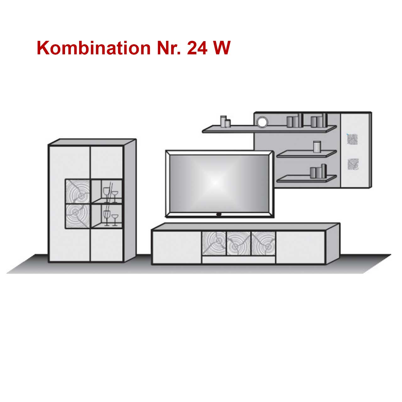 Skizze einer dreiteiligen Wohnkombination aus Holz und Mattglas Fronten bestehend aus Standvitrine und Lowboard mit teils strukturierter Holz-Front und Wandpaneel mit drei Regalböden, inkl. Hinweistext: Kombination Nr. 24W 