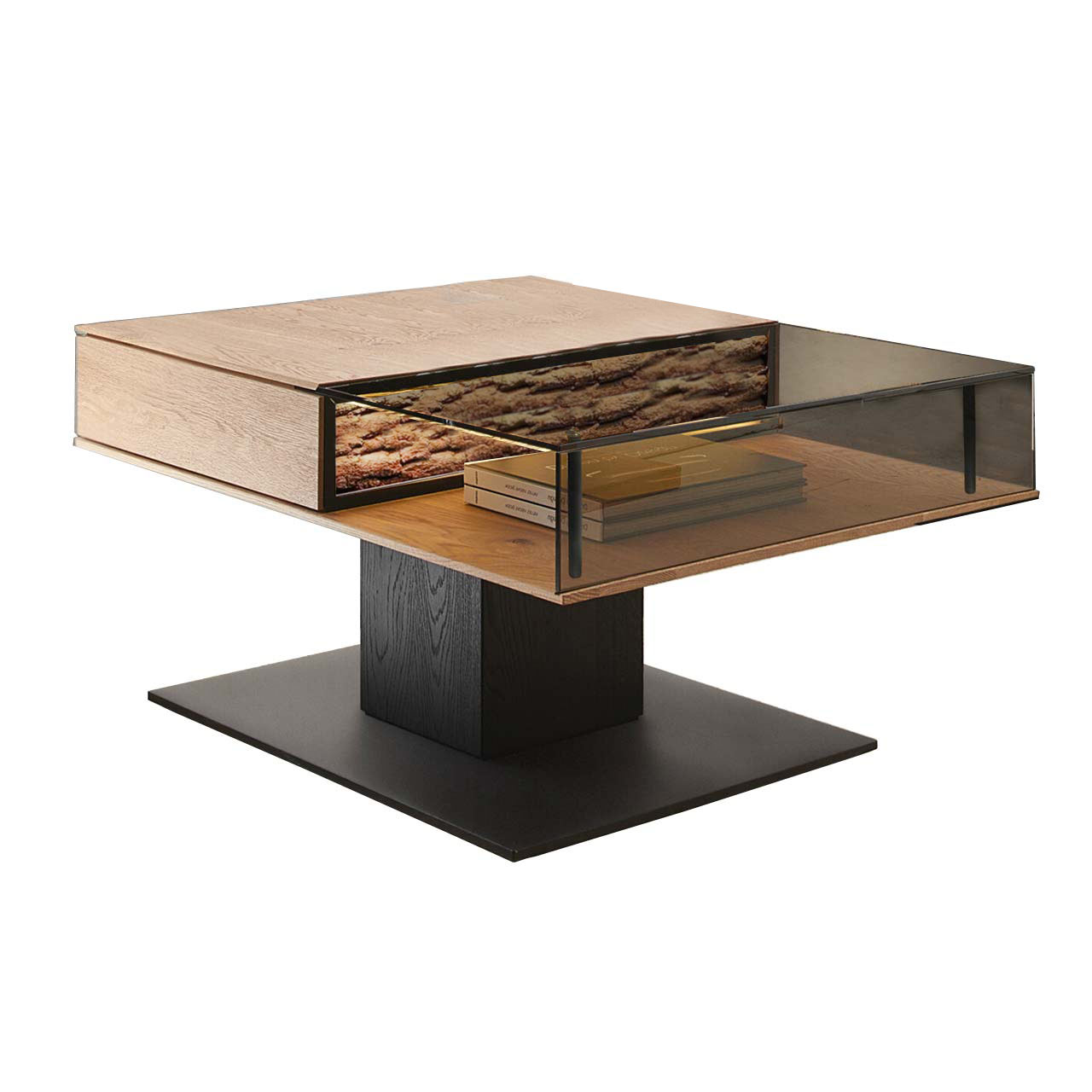 Hartmann NATURWERKE - Couchtisch 8400C-1457 Moderner rechteckiger Couchtisch aus massiver Kerneiche mit Rindenholz-Applikation. Tischplatte zweigeteilt in Glas und Holz. Mit Ablagefläche unter Glas und Schubkasten unter Holz. Säule und Bodenplatte eckig in Holz anthrazit.