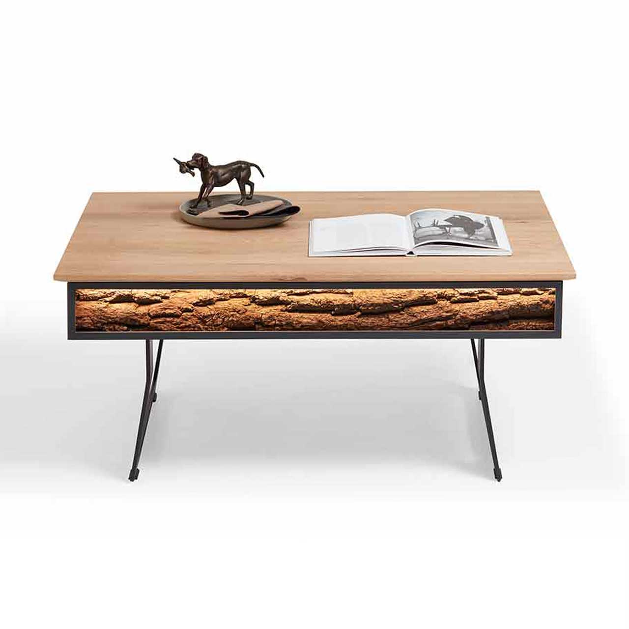 Hartmann NATURWERKE - Couchtisch 8400C-1410 Frontansicht eines moderner Couchtisch mit höhenverstellbarer Tischplatte aus Kerneiche mit integriertem Stauraumfach und seitlicher Rindenapplikation - auf zwei Metallkufen in Anthrazit.