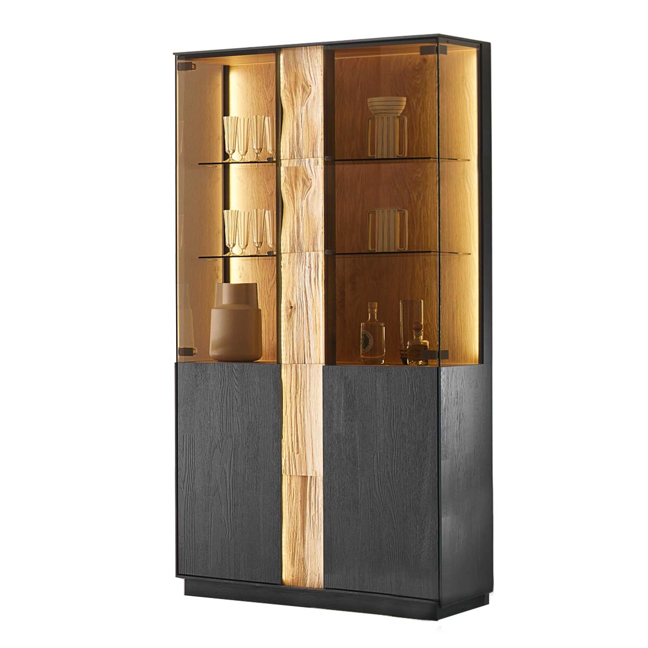 Moderne Vitrine aus massiver Kernesche anthrazit mit Spaltholz-Akzent und Parsolglas
