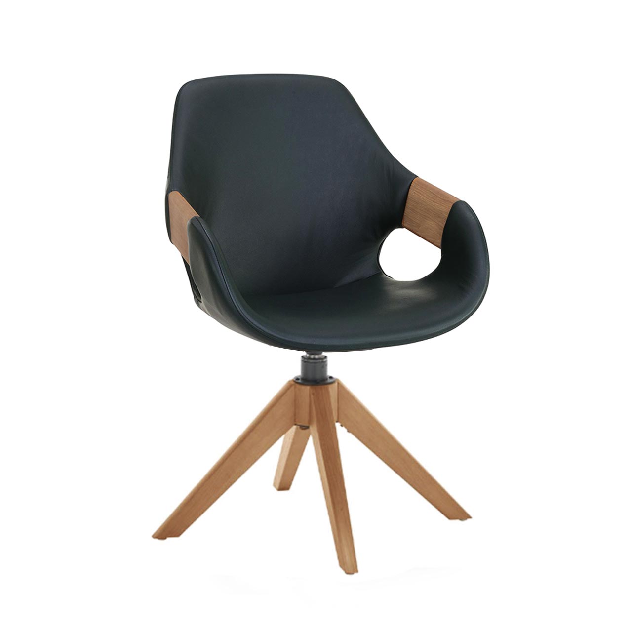 Moderner Esszimmerstuhl mit Sitzfläche und Rückenlehne in dunkelblauem Leder, Holzapplikation an Lehnen und Vier-Fuß-Stativgestell aus massivem Holz.