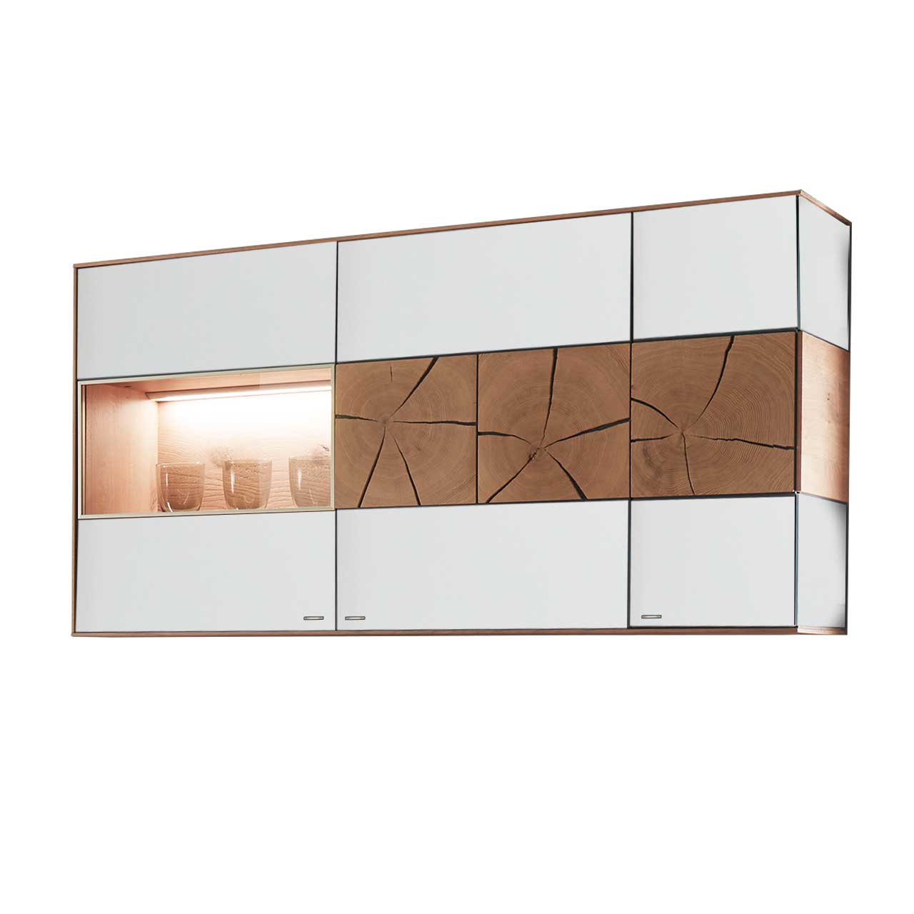 Moderne Hängevitrine aus massiver Kerneiche Umato mit Mattglas weiß Front, mit einer Holztür mit dekorativer Hirnholz Applikation aus drei rechteckigen Hirnholzscheiben und einer Glastür. 