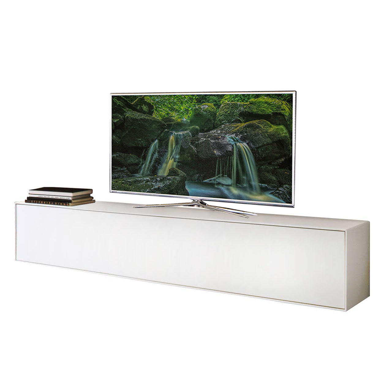 schlichtes TV-Board in Lack weiß mit Klappe, darauf steht ein TV Gerät