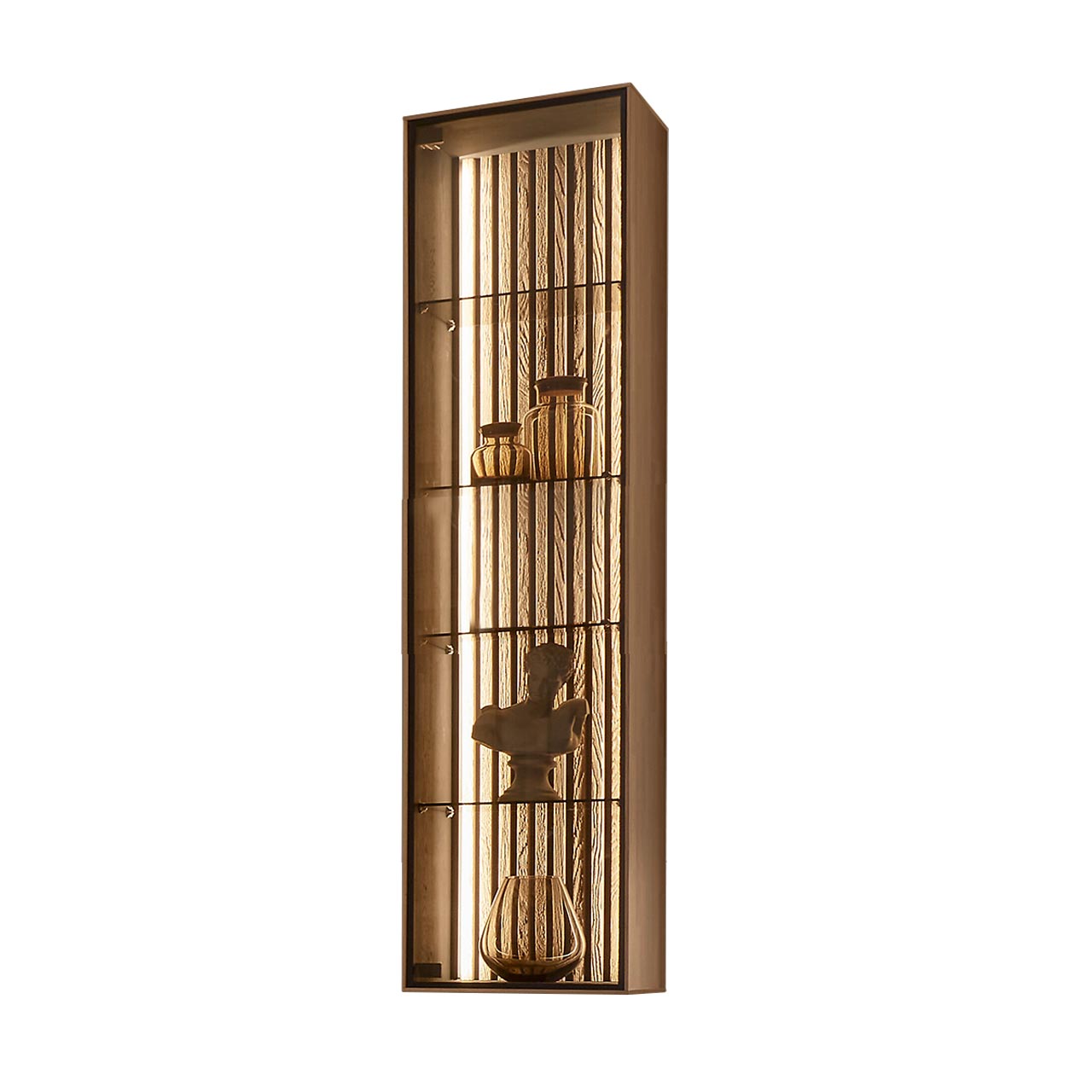 Hartmann SELINO - Hängevitrine 8560-9041 li. - Türanschlag links Moderne Hängevitrine aus hellem Massivholz mit Glastür, vier dekorierten Glaseinlegeböden und heller Holzlamellen-Rückwand.