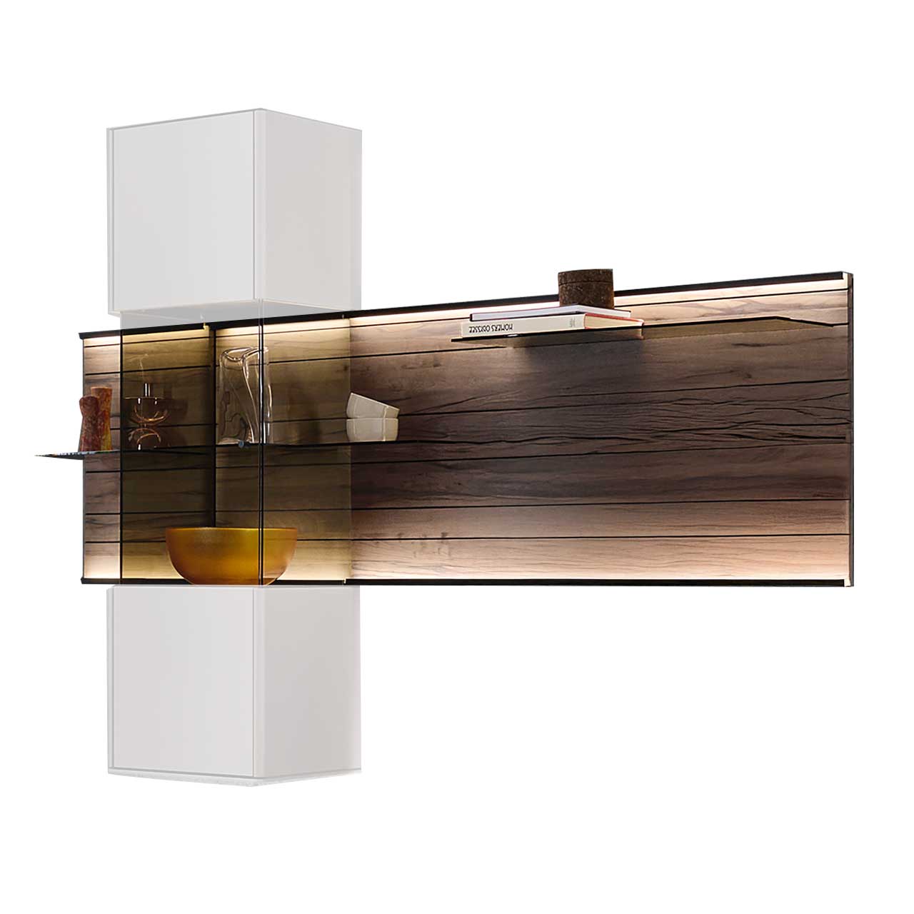 Hartmann AUDRA - Wandpaneel 5610-3198 - Altholzbuche Uyaa Modernes Wandpaneel aus dunkelbrauner Altholzbuche Uyaa mit edler, sichtbarerer Holzmaserung und drei Glasböden aus Parsolglas Bronze.