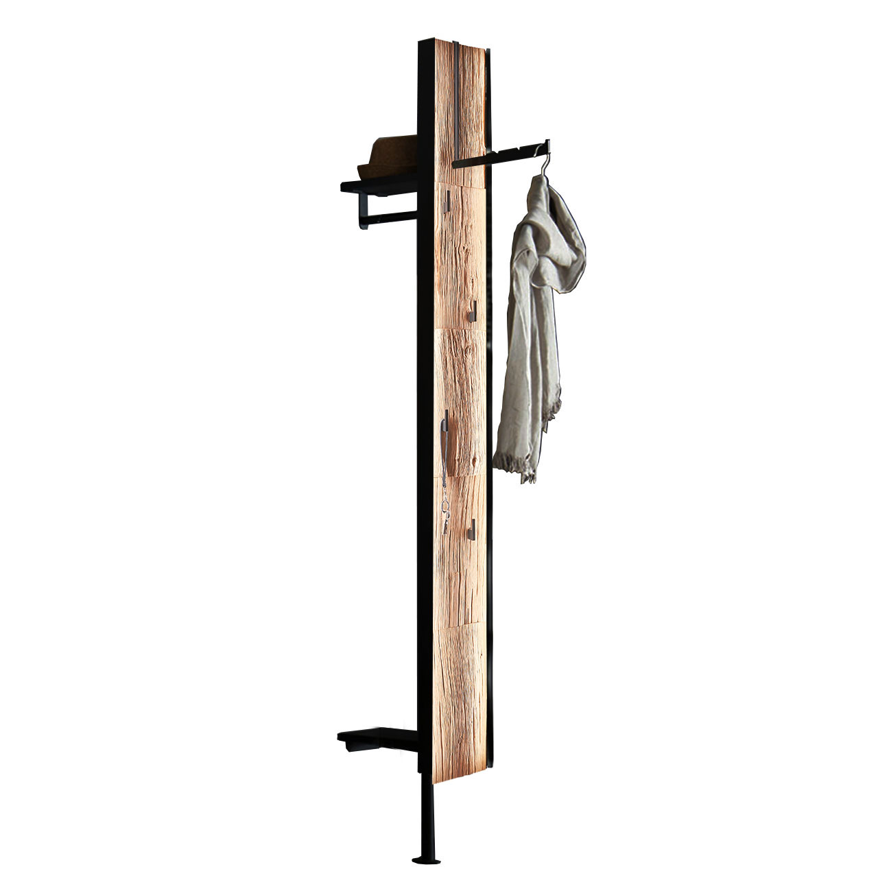 Hartmann SALVO Garderoben - Wandgarderobe 8550G-6025 - Spaltholz Modernes Garderobenpaneel mit sichtbarer Spaltholz-Rückwand eingefasst in einen anthrazitfarbenen Metallrahmen, vorne mit einem klappbaren Mantelhaken, vier Mantelhaken und  Standfuß, hinten mit zwei Ablageböden und fester Kleiderstange.