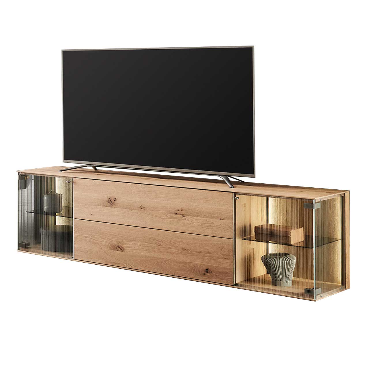 LINEA Leonardo Living - Lowboard 8540-3112 Modernes Lowboard aus massiver Kerneiche Natur mit zwei Glastüren aus satiniertem Glas, einer Klappe und Schubkasten.