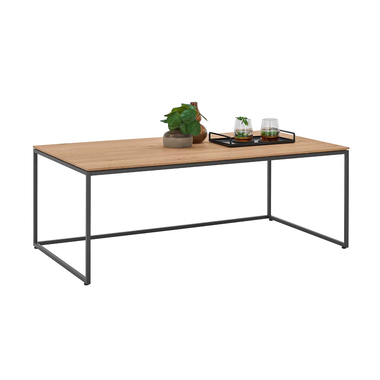 LINEA Leonardo Living - Couchtisch 8540-1421 Moderner Couchtisch mit rechteckiger Tischplatte aus Kerneiche Natur und filigranem Metallgestell anthrazit.