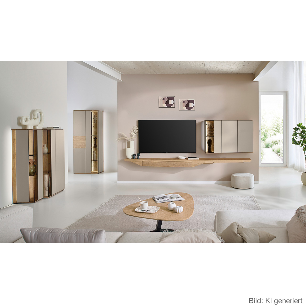 Wohnzimmer mit moderner Massivholzwohnwand kombiniert mit Lack bestehend aus langem Hängelowboard aus Riffholz und Hängevitrine in Lack/Sand - im asymmetrischen Design. Links passendes Highboard mit Glastüren, davor asymmetrischer Beistelltisch.