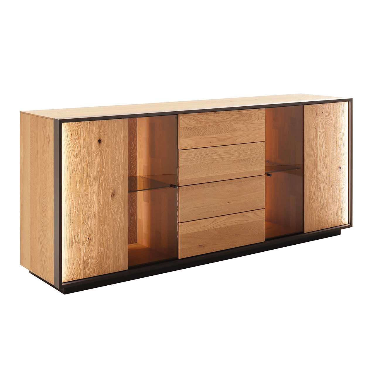 Hartmann YOLA Schöner Wohnen - Sideboard mit Sockel 8590-4192 Modernes Sideboard aus massiver, sandgestrahlter Kerneiche Natur mit beleuchtetem Metallrahmen in Anthrazit und anthrazitfarbenem Holzsockel. In der Mitte ein Schubkasten und eine Tür, links und rechts Türen mit beleuchteten Glasausschnitten.