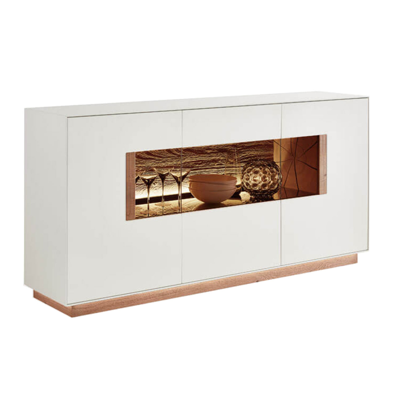 modernes Sideboard in Lack weiß mit Glastüren und Riffholzakzent