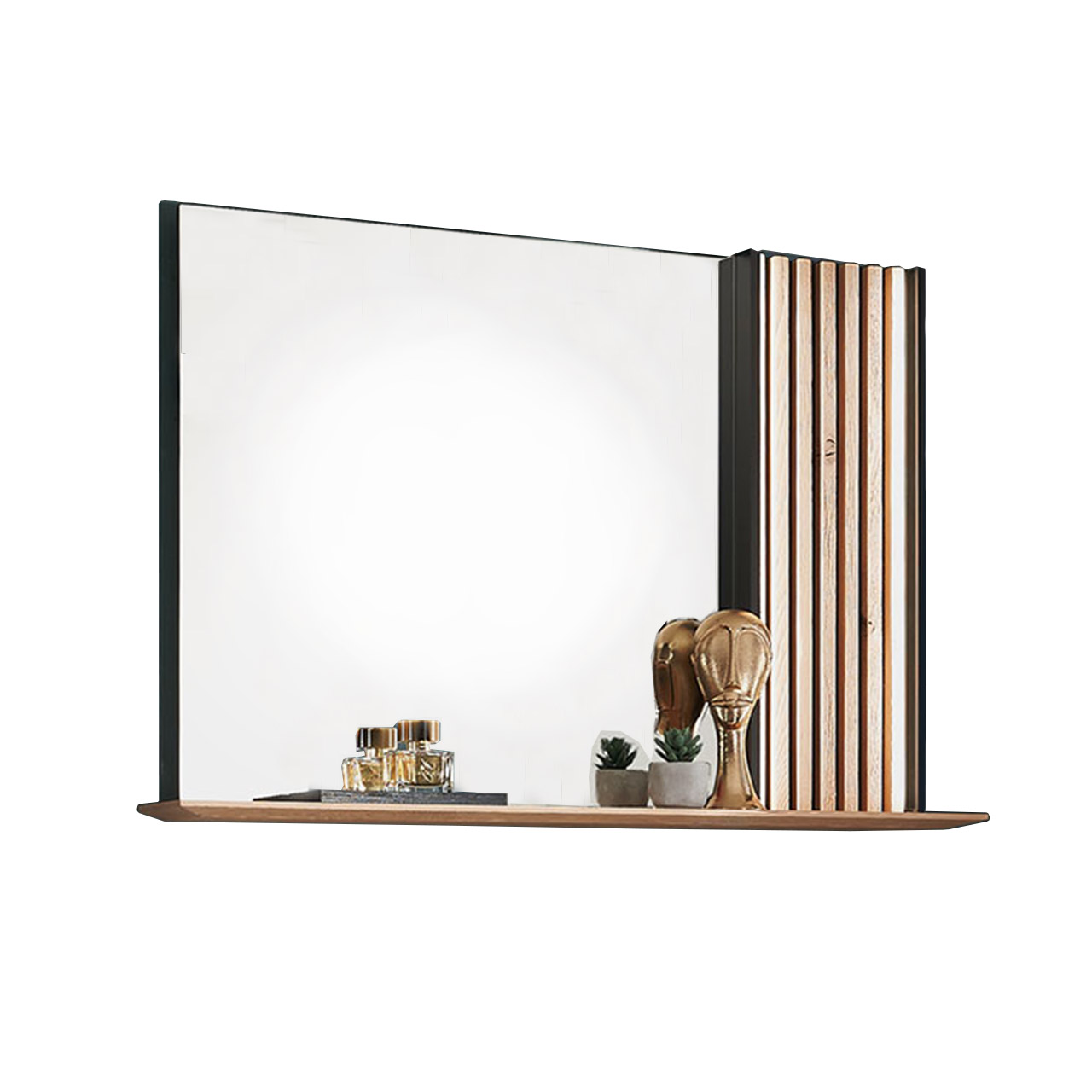 Hartmann SALVO Garderoben - Wandpaneel mit Spiegel 8550G-5120 re. - mit Lamellen Modernes Wandpaneel mit rechtsseitigem Lamellen-Akzent im anthrazitfarbenen Metallrahmen. Links ein großer rechteckiger Spiegel mit durchgehendem Holzablageboden unten.