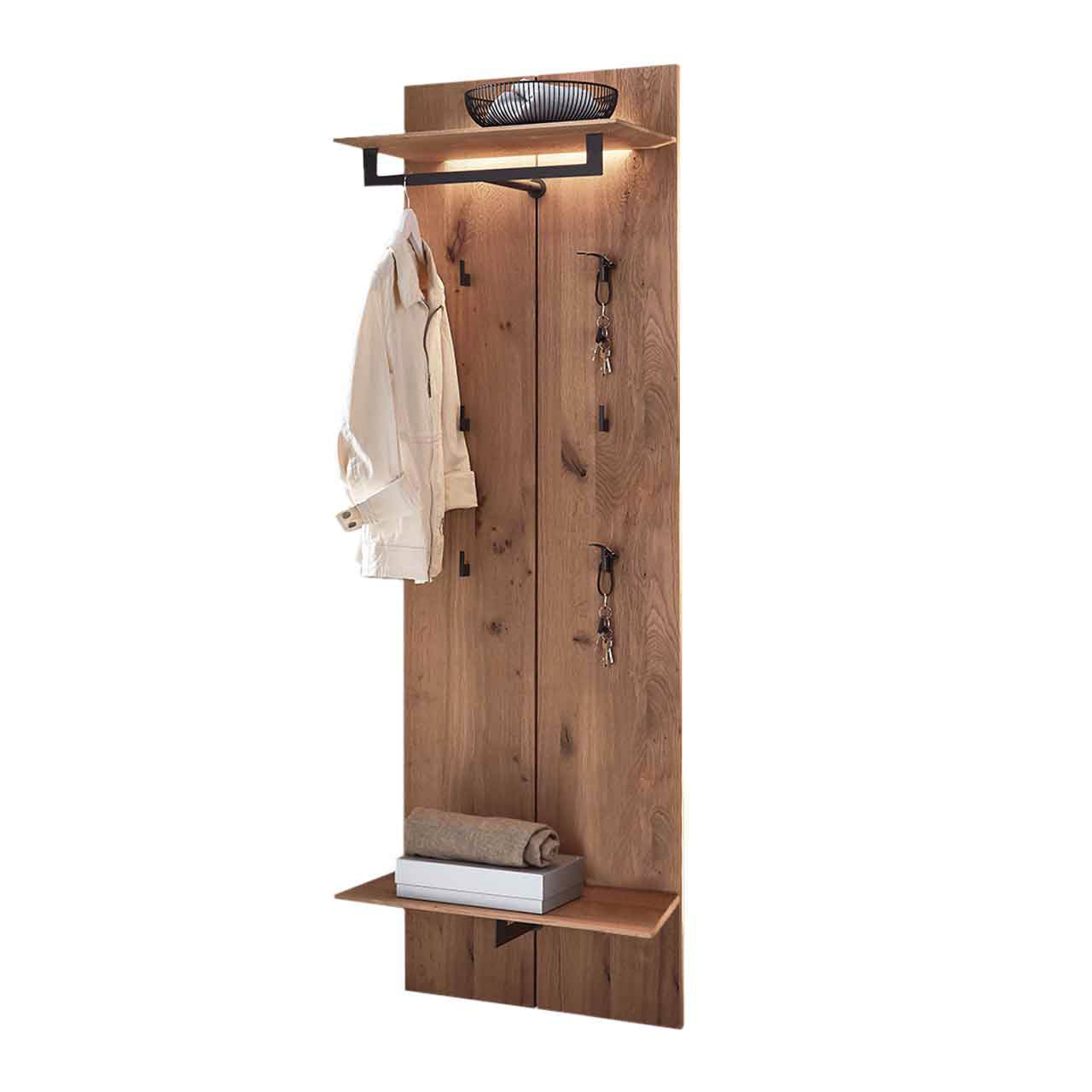 Hartmann SALVO Garderoben - Wandgarderobe 8550G-9061 - Kerneiche Natur gebürstet Modernes Garderobenpaneel aus massiver Kerneiche Natur mit Hutboden und Ablageboden sowie einer Kleiderstange und sechs Mantelhaken aus Metall anthrazit.