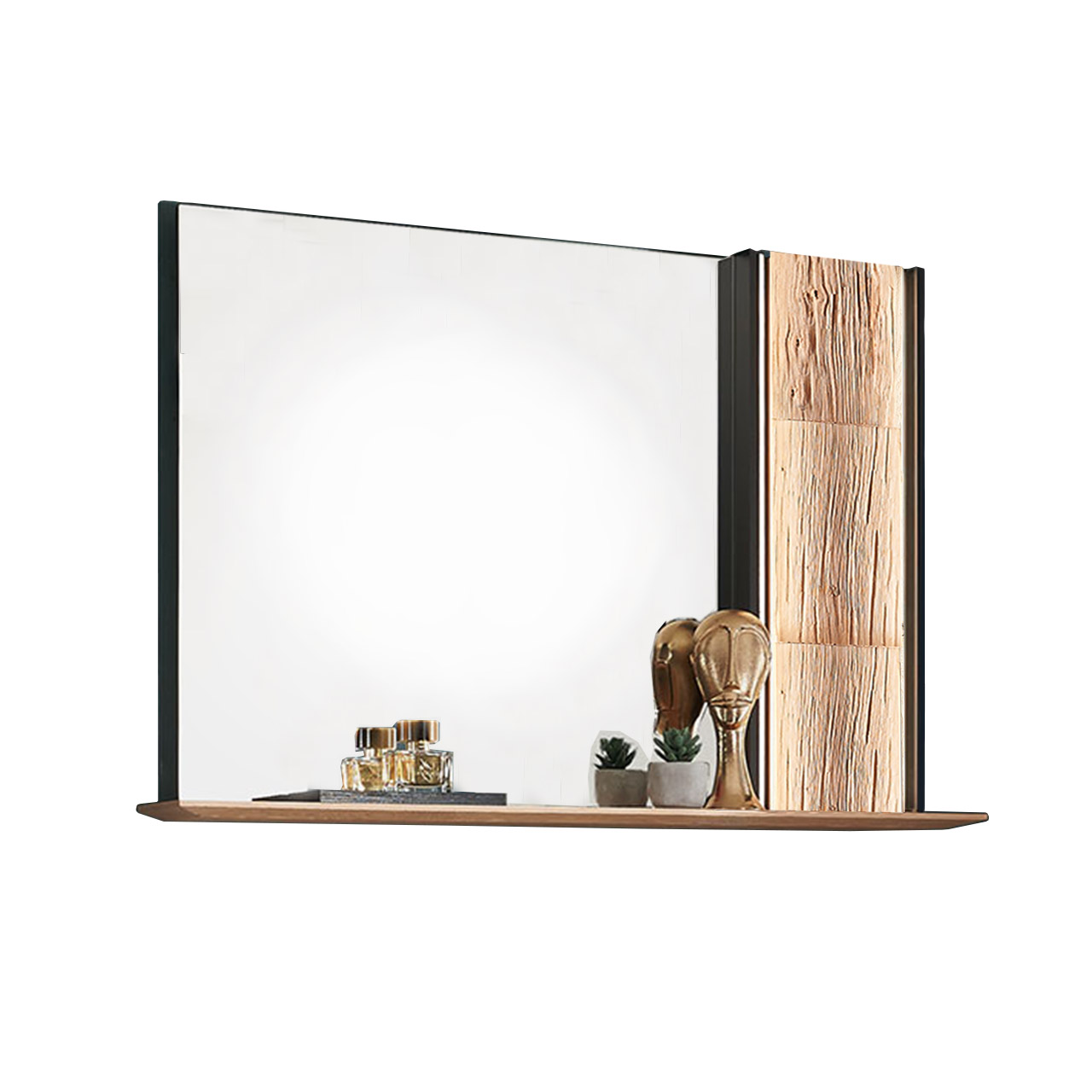 Hartmann SALVO Garderoben - Wandpaneel mit Spiegel 8550G-5118 re. - mit Spaltholz Modernes Wandpaneel mit rechtsseitigem Spaltholz-Akzent im anthrazitfarbenen Metallrahmen. Links ein großer rechteckiger Spiegel mit durchgehendem Holzablageboden unten.