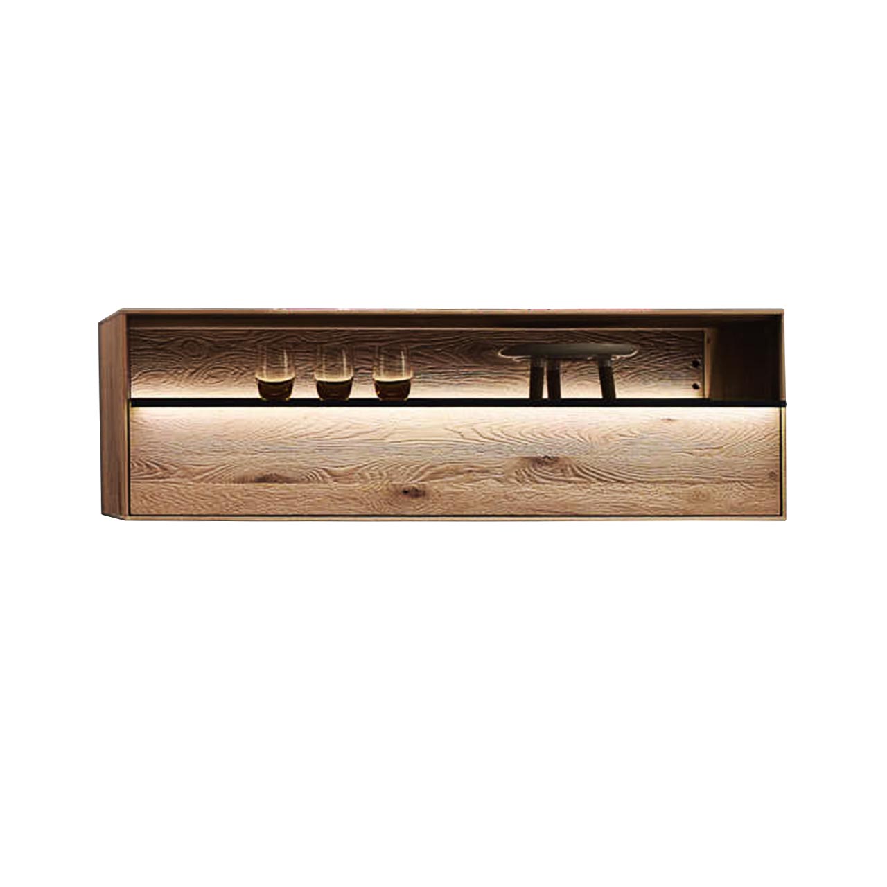 Hängevitrine aus Massivholz mit zweigeteilter Front, halb Holz, halb Glas