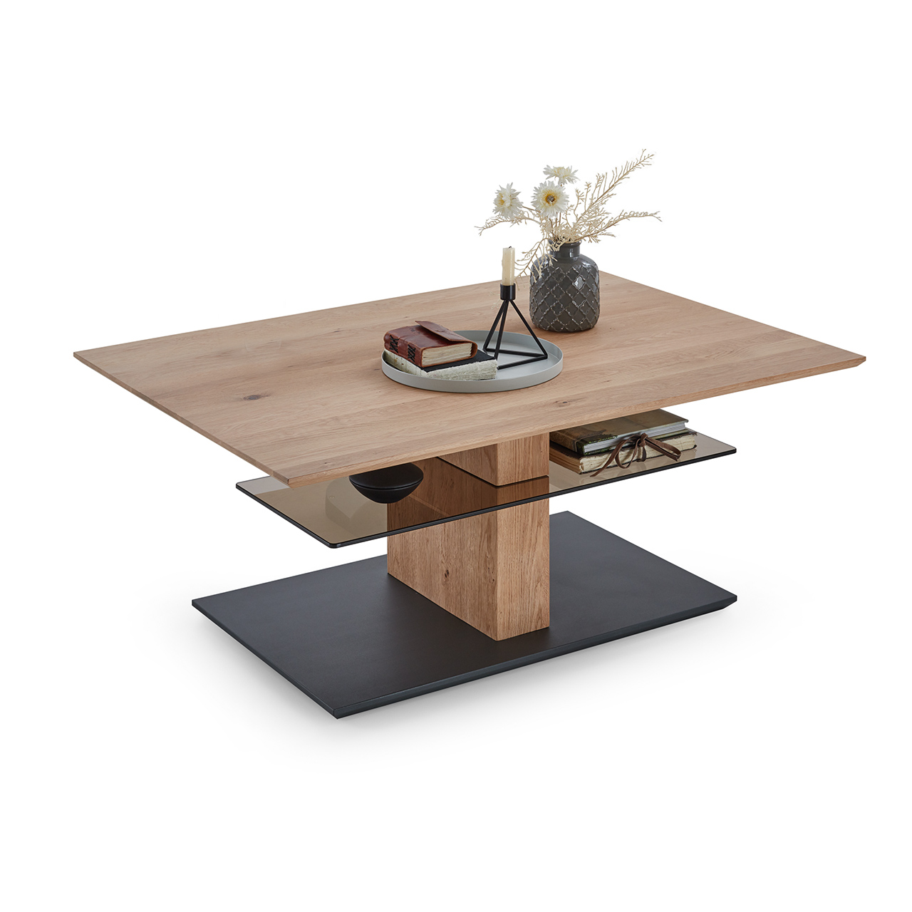 Hartmann Möbel SVEA - Couchtisch 8660-1424 hochgestellt - Kerneiche Natur / Parsolglas Edler Couchtisch mit rechteckiger Tischplatte aus hellem Eichenholz und zusätzlicher fester Glasablage darunter - auf massiver Holzsäule und dunkler Bodenplatte.