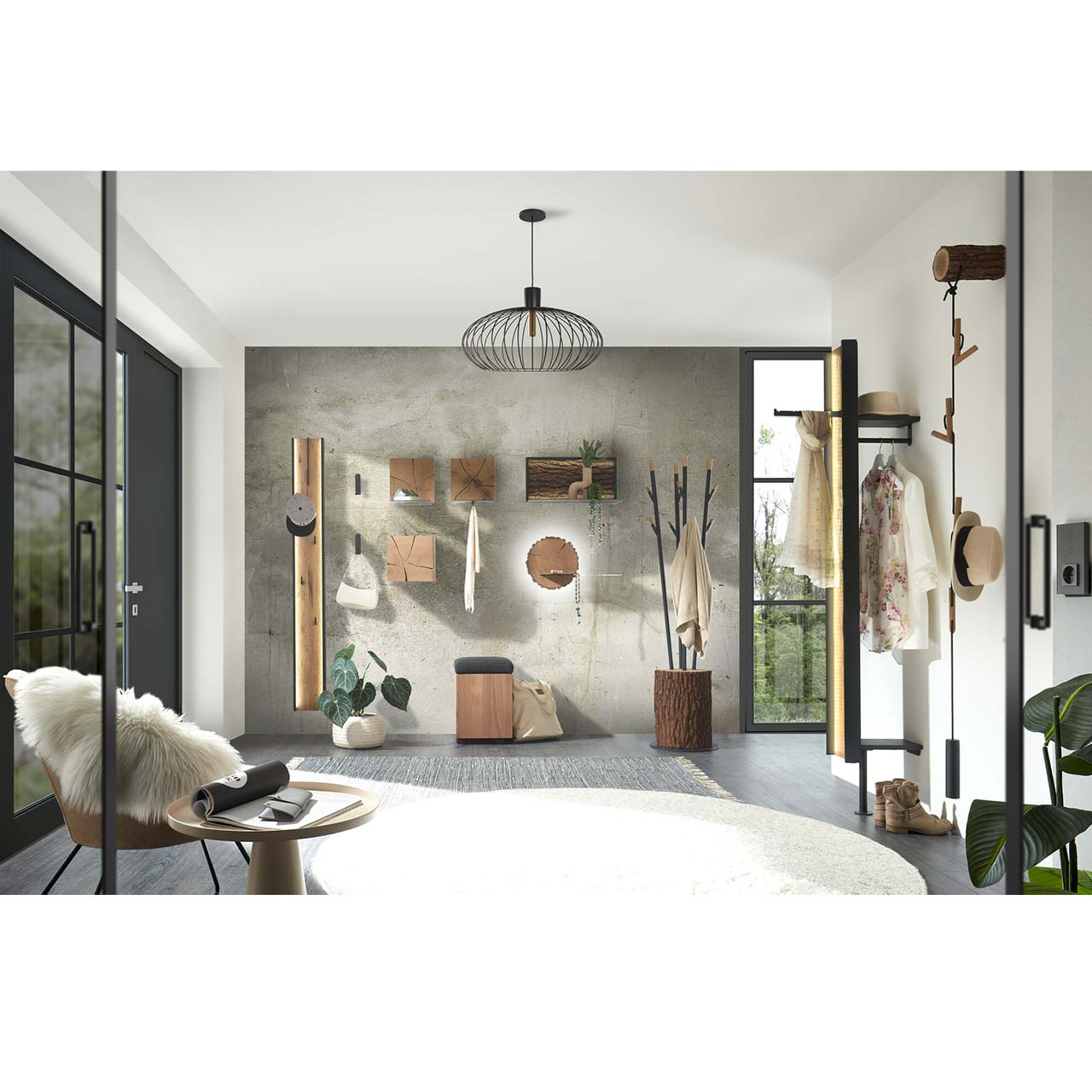 Moderne, dreizehnteilige Garderobenkombination mit unterschiedlichen Kleinmöbeln aus massivem Holz kombiniert mit Metall. Filigrane Wandleuchten, praktische Wandablagen, Garderobenbaum mit Metallästen, Sitzhocker mit Stauraumfach uvm.