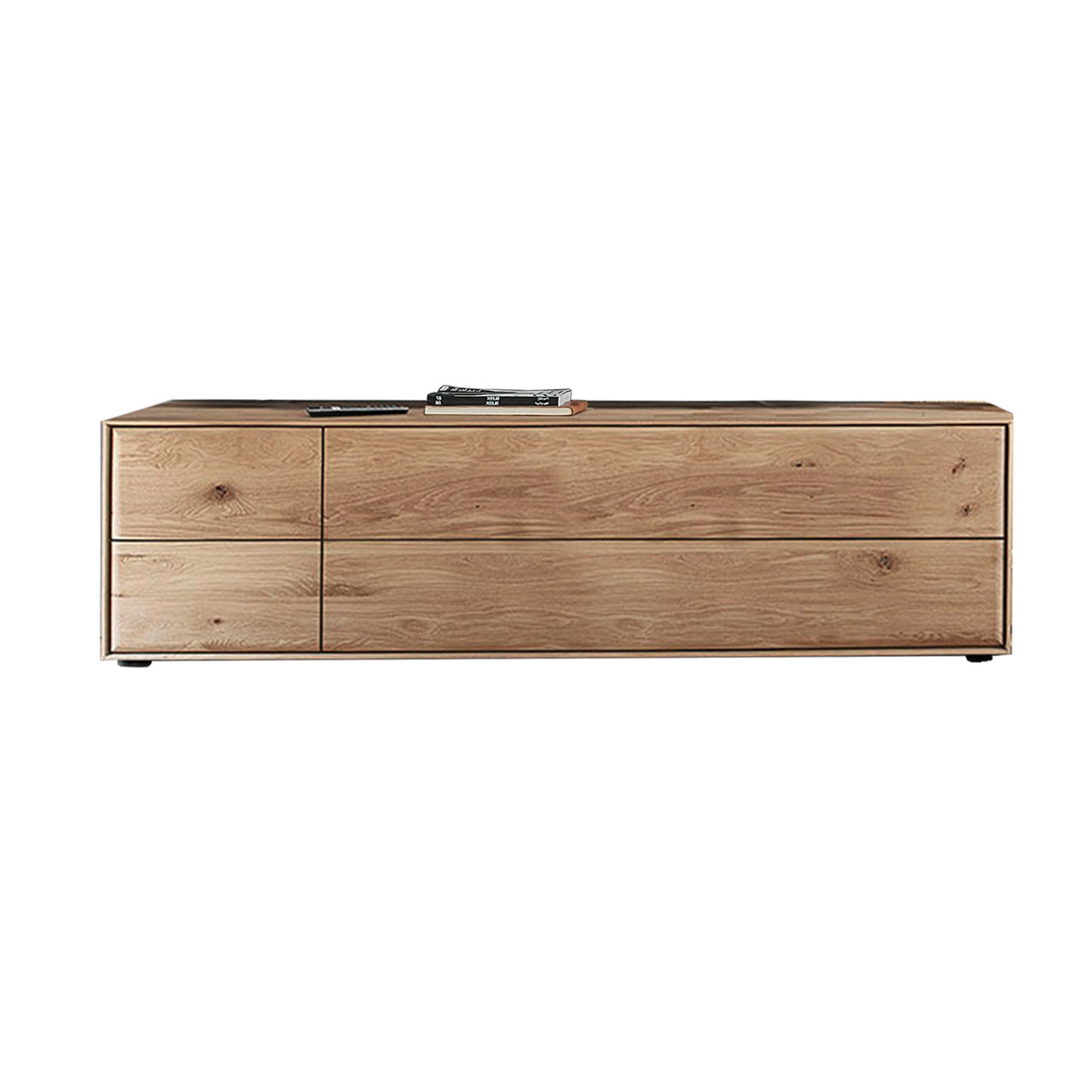 Hartmann VALA - Lowboard 8640-3202 - Kerneiche Natur Modernes Lowboard aus massiver Kerneiche Natur mit Tür, Klappe und Schubkästen, Breite 200cm - in Frontansicht.