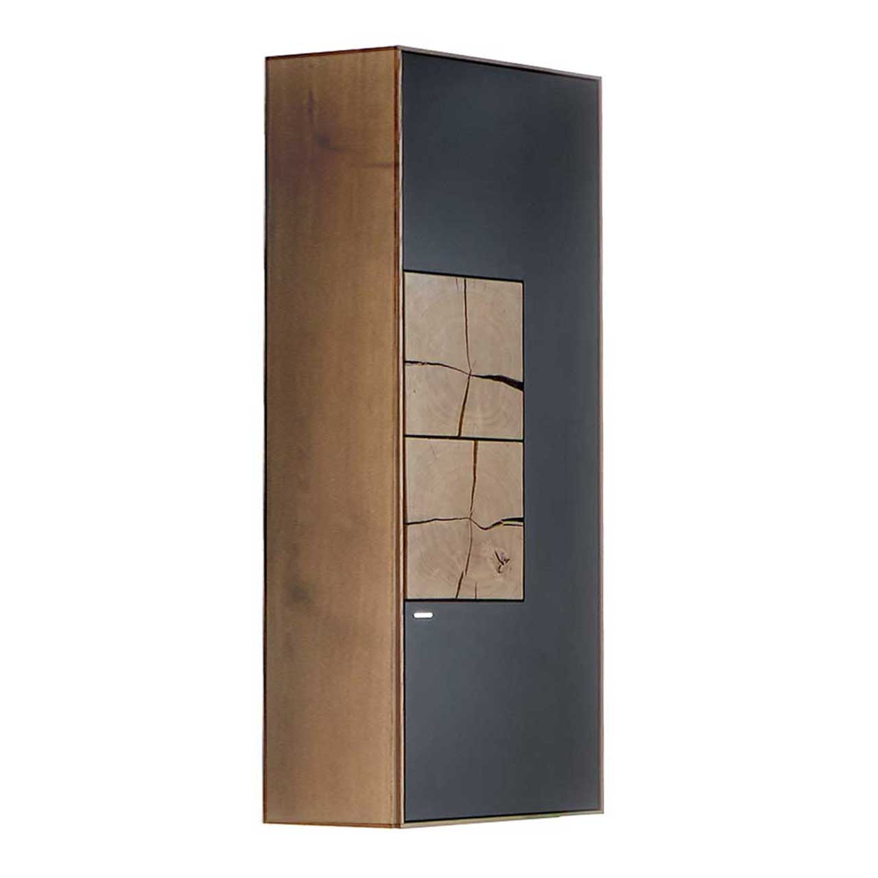 Moderner Hängeschrank aus massiver Kerneiche Umato mit Mattglas anthrazit Tür und zwei dekorativen, rechteckigen Hirnholzscheiben.