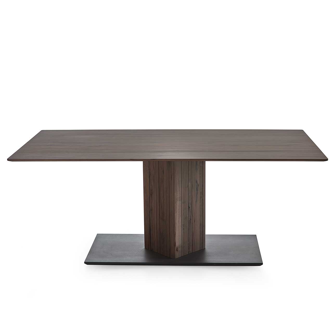Esstisch mit rechteckiger Tischplatte aus dunkel gemasertem Buchenholz auf massiver Vierkantsäule. Die Bodenplatte ists anthrazit lackiert. Tisch steht frontal längsseitig.