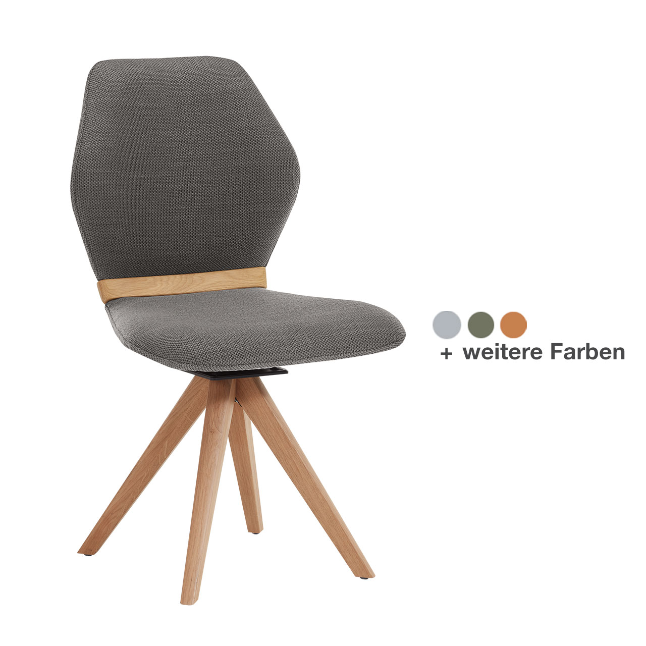 Moderner Esszimmerstuhl ohne Lehnen mit gepolsteter Sitzfläche und Rückenlehne in grauem Stoff, mit Holzapplikation im Lendenbereich und Vier-Fuß-Stativgestell aus massivem Holz.