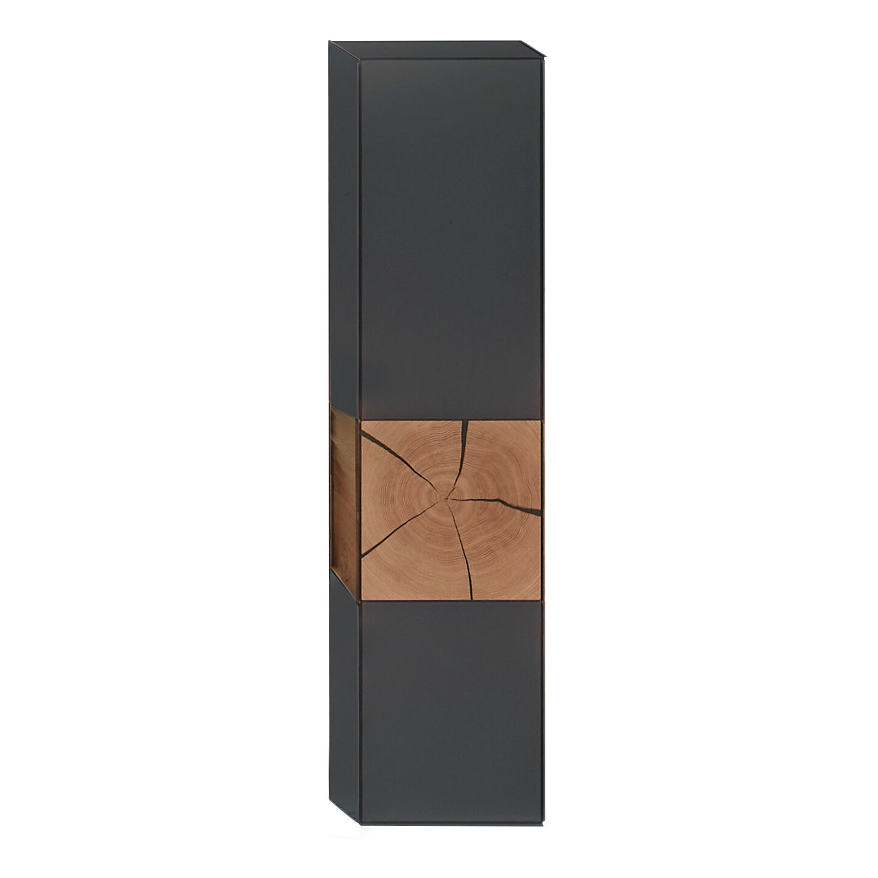 Hartmann CAYA - Hängeschrank 7170-6032A - Türanschlag rechts Moderner Hängeschrank aus massiver Kerneiche Umato mit Mattglas anthrazit Fronten und einer im unteren Drittel platzierten rechteckigen Hirnholzscheibe.