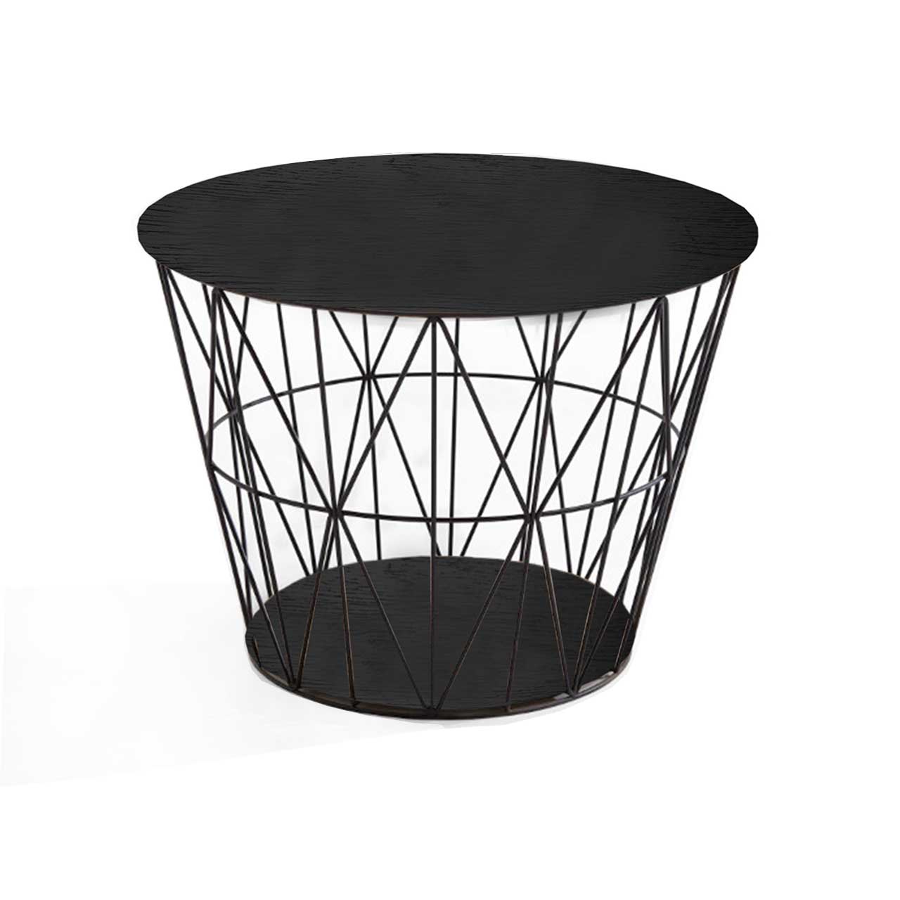 Raffinierter, runder Couchtisch mit feinem Metallkorb in Anthrazit und abnehmbarem Holzdeckel sowie Bodenplatte aus Kernesche anthrazit.