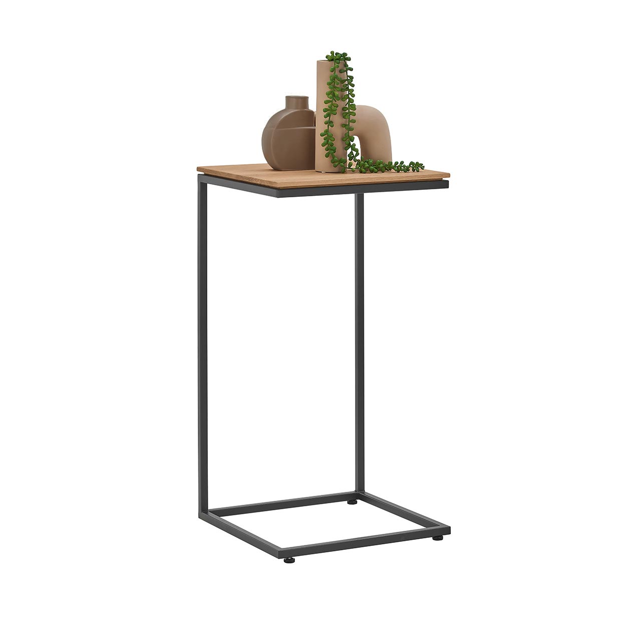 Kleiner Beistelltisch mit rechteckiger Holztischplatte und filigranem Metallgestell in Anthrazit - in Seitenansicht.