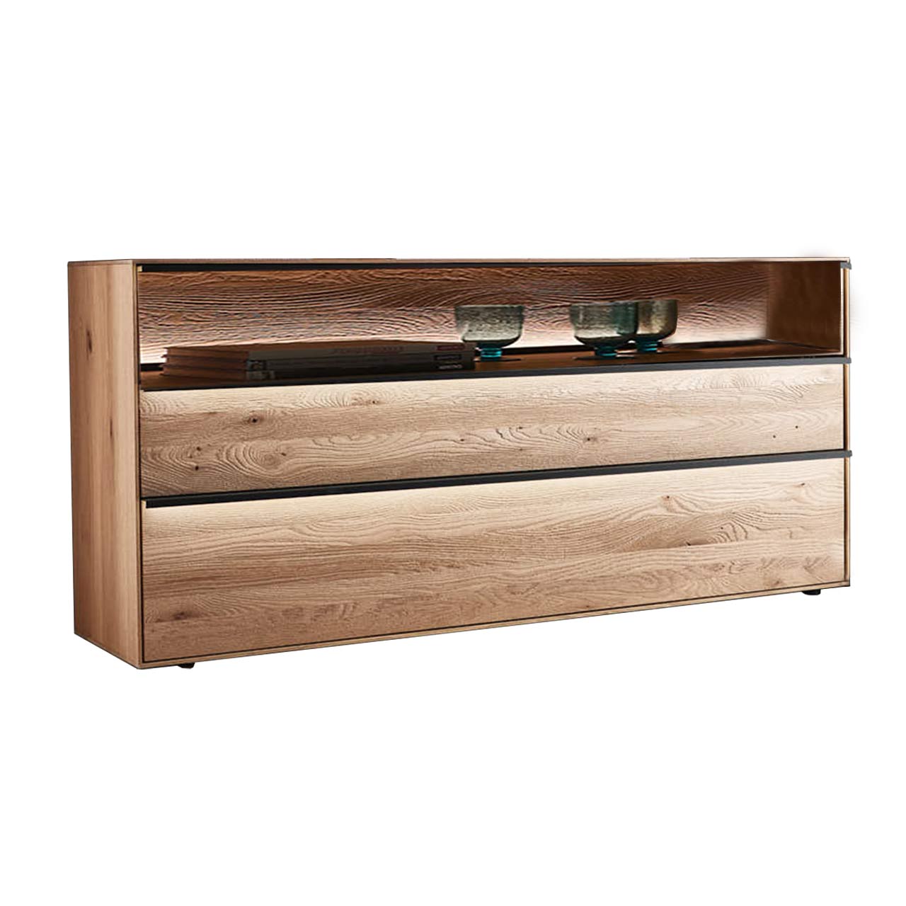 hartmann_ANEA_8530-4172_low-sideboard massives Lowboard aus Kerneiche Natur mit 2 Schubkästen & Glasblende