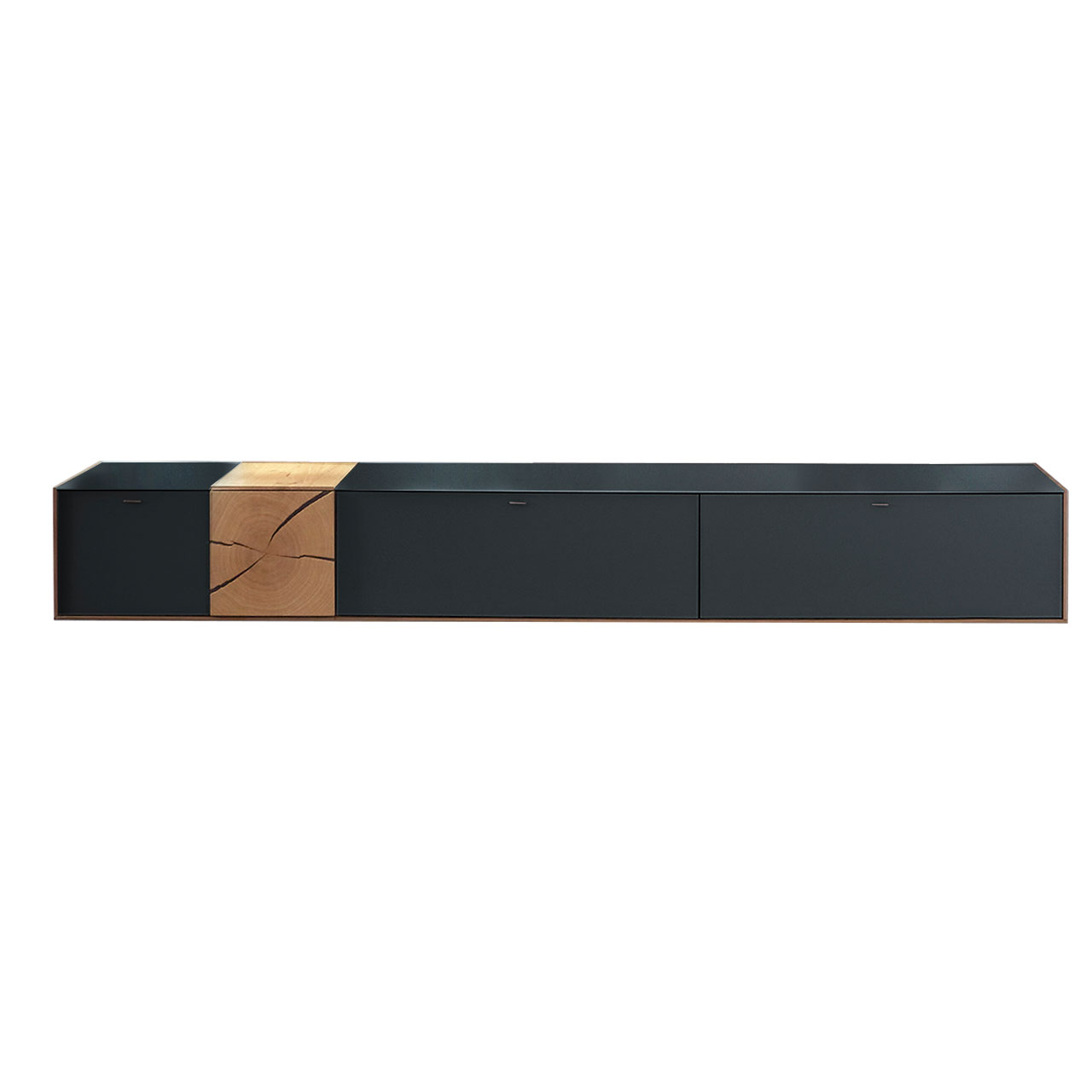 Hartmann CAYA - Hängelowboard 7170-1232A Modernes Hängelowboard aus massivem Holz mit Mattglas anthrazit Front und dekorativer Hirnholz Applikation links.