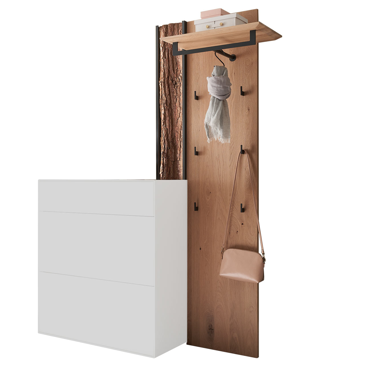Hartmann SALVO Garderoben - Wandgarderobe 8550G-0071 - mit Baumrinde Modernes Garderobenpaneel aus massiver Kerneiche Natur mit Baumrinden-Akzent links, Hutboden, Ablageboden, Kleiderstange und sechs Mantelhaken aus anthrazitfarbenem Metall.