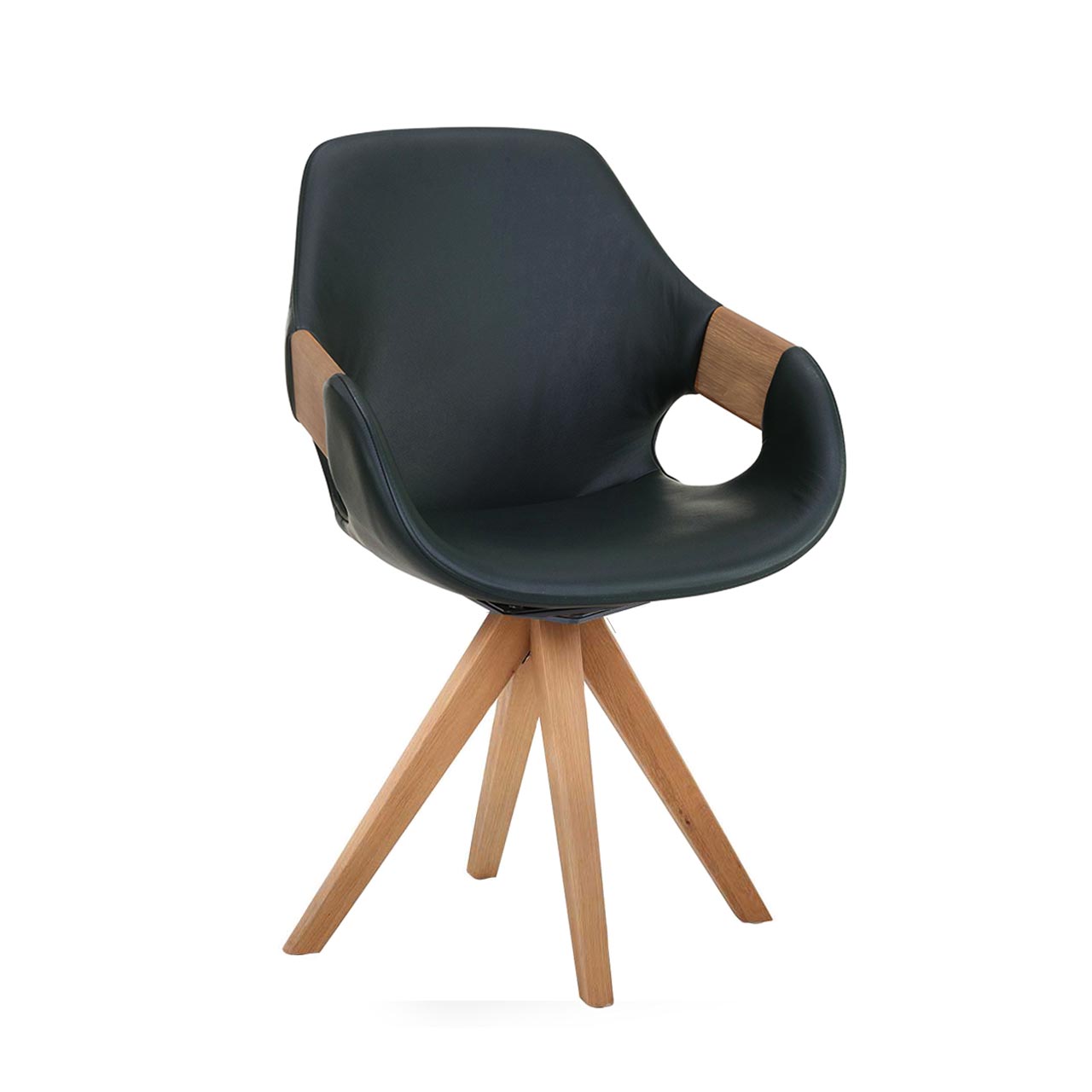 Hartmann NATURZEIT 7100E/8400E - 1614 Stuhl Basti - mit Holzgestell H1/H2 Moderner Esszimmerstuhl mit Sitzfläche und Rückenlehne in dunkelblauem Leder, Holzapplikation an Lehnen und Vier-Fuß-Stativgestell aus massivem Holz.