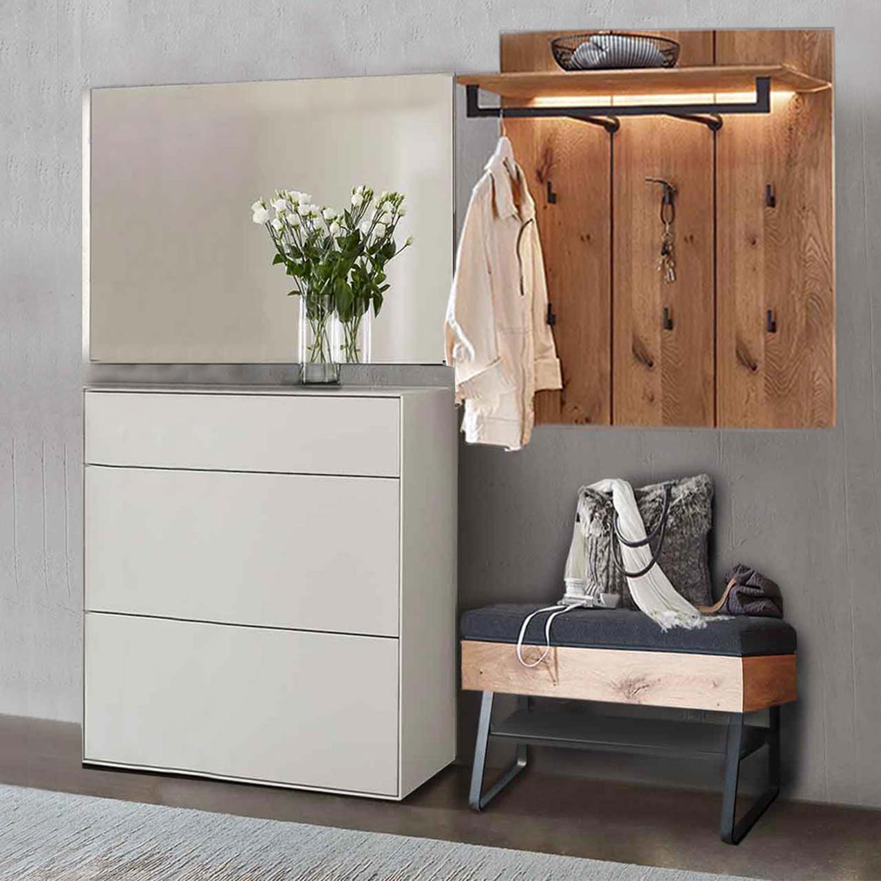 Hartmann SALVO 8550G -  Garderobe Nr. V126 - vierteilig - Kernbirke Lack weiß, Kerneiche Natur, Metall anthrazit Moderne vierteilige Garderobe aus massiver Kerneiche Natur und Kernbirke: Ein Stauraumschrank Lack weiß, ein Garderobenpaneele mit Kleiderstange und Haken, eine gepolsterte Sitzbank auf Metallkufen mit Stauraumfach, ein Wandspiegel.