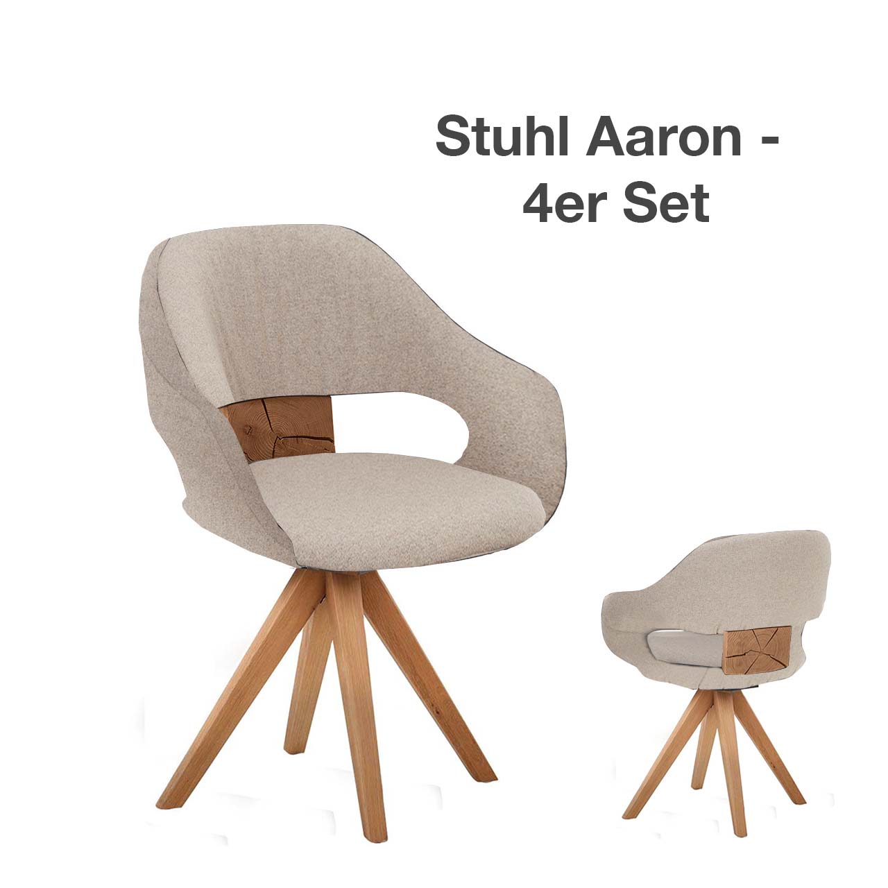 Moderner Esszimmerstuhl mit beigem Stoffbezug und gepolsterter Sitzschale. Mit dekorativer Hirnholzscheibe im Lendenbereich auf Vier-Fuß-Holzgestell - abgebildet in Front und Rückansicht.