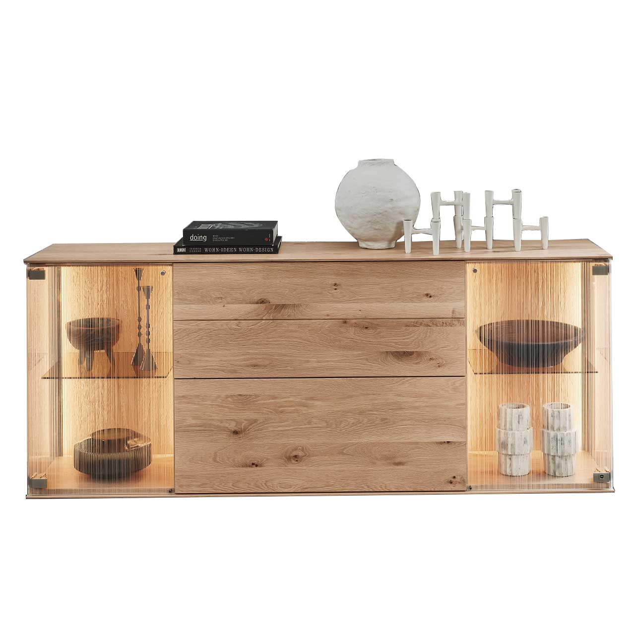 LINEA Leonardo Living - Sideboard 8540-4191 Modernes Sideboard aus massiver Kerneiche Natur mit zwei Glastüren aus satiniertem Glas, einer Klappe und Schubkasten.