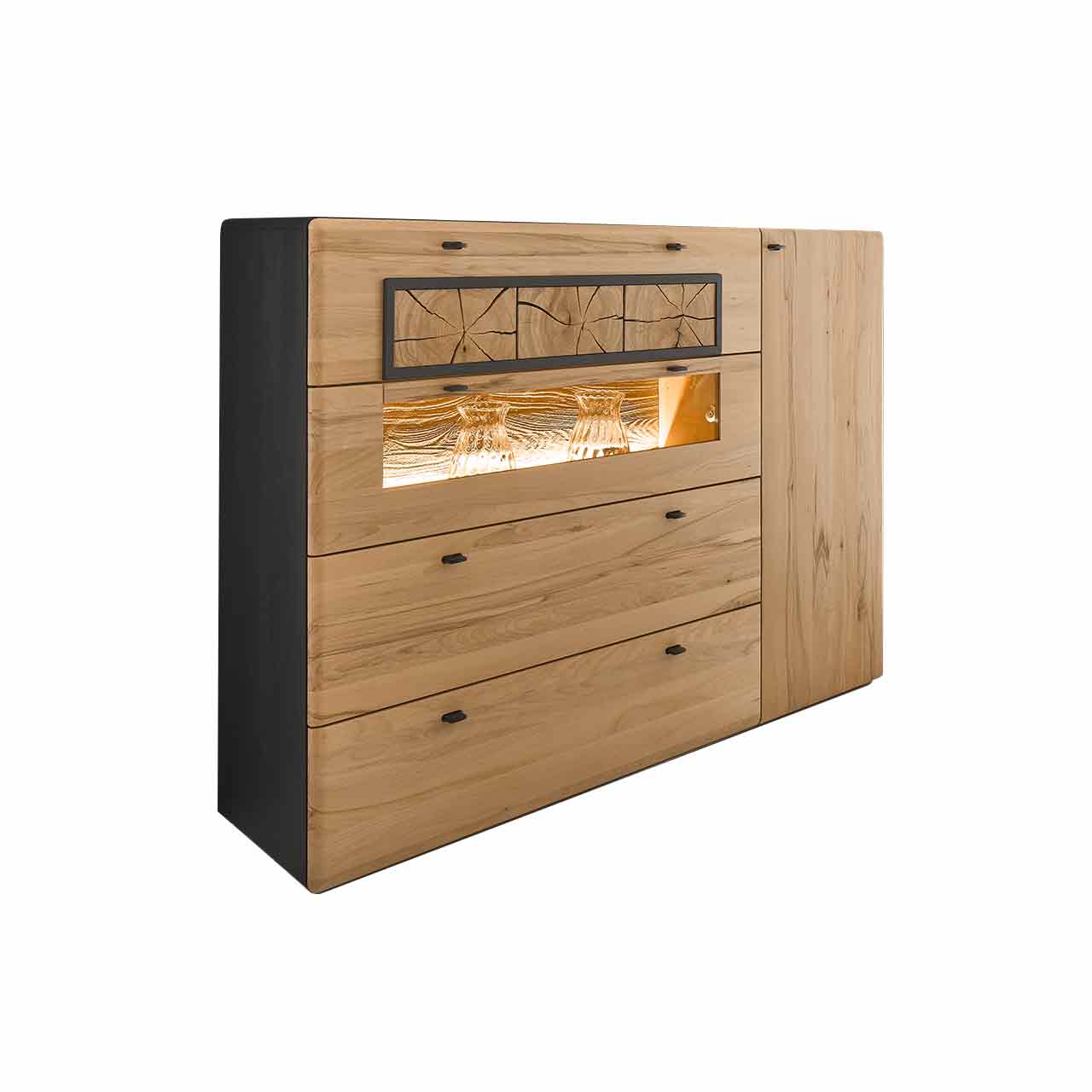 Hartmann KNUD 5580-6161 Highboard Seitlich stehendes Highboard aus massiver heller Kernbuche. Mit Holztür und drei Schubkästen, oben verziert mit dekorativen Hirnholzscheiben dazwischen eine Klappe mit Glasausschnitt. Korpus seitlich Anthrazit lackiert.