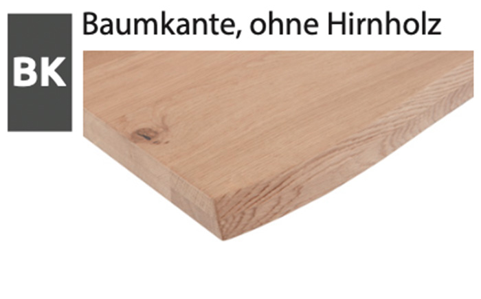 Hartmann Möbel - Tischkante BK Baumkante, ohne Hirnholz BK - Tischkante: Esstischplatte mit sichtbarer Holzstruktur und geschwungener Baumkante ohne Hirnholzscheibe auf Tischmitte – zur Auswahl der Tischkanten bei Esstischen der Hartmann-Möbelserie NATURZEIT