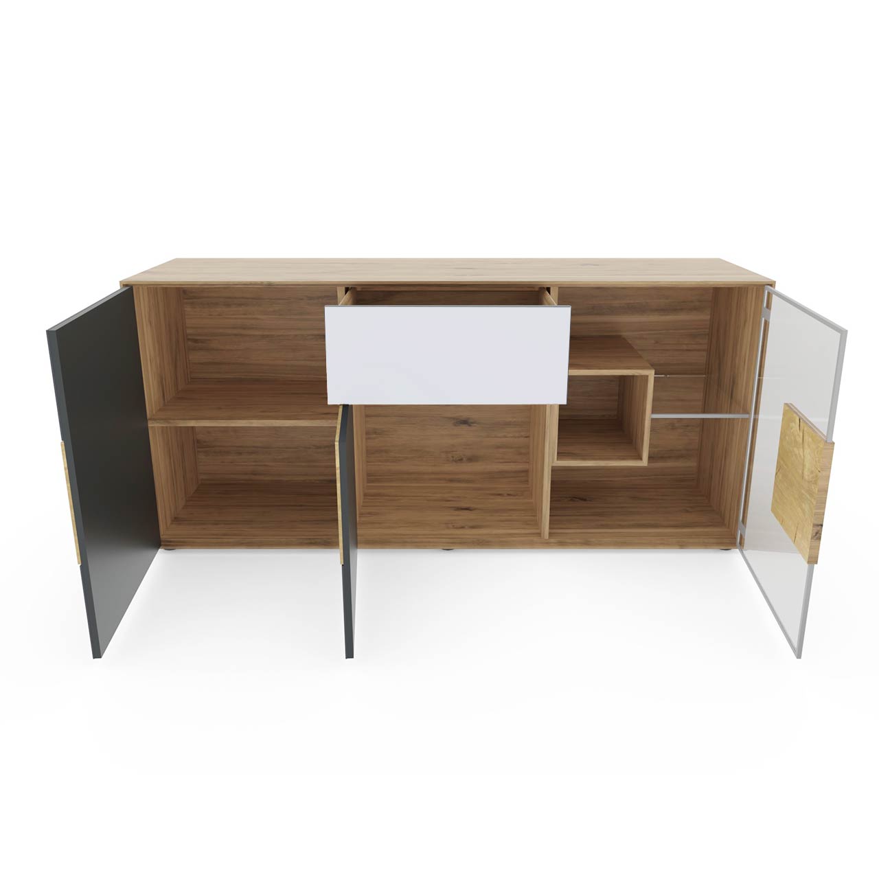 Modernes Sideboard aus massiver Kerneiche Umato mit Mattglas weiß Front mit zwei offenen Türen, einer offenen Glastür und einem offenem Schubkasten.