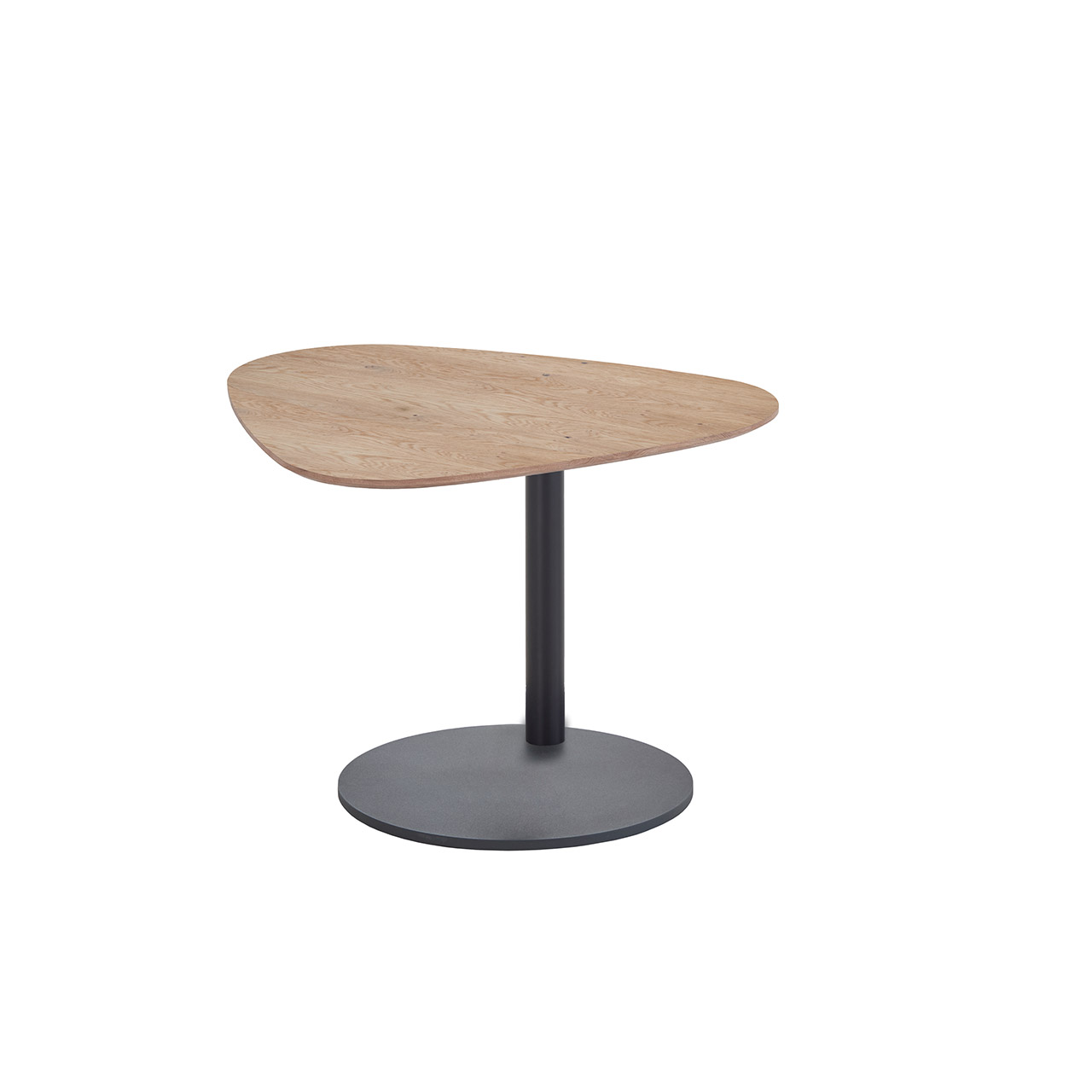 Hartmann NATURWERKE - Couchtisch 8400C-1462 - Höhenverstellbar Moderner Couchtisch mit asymmetrischer, höhenverstellbarer Holzplatte in klassischer Kerneiche. Gerade nach oben verlaufende Metallsäule und runde Bodenplatte in Holz anthrazit.