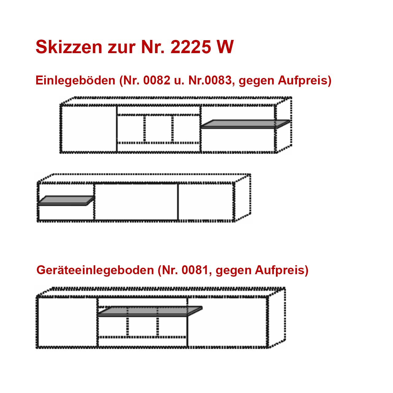 Drei Skizzen des Möbeltyps 2225 W zeigen unterschiedliche Innenaufteilungen: Zwei Varianten mit regulären Einlegeböden (Nr. 0082 und Nr. 0083) und eine Variante mit Geräteeinlegeboden (Nr. 0081), alle gegen Aufpreis erhältlich