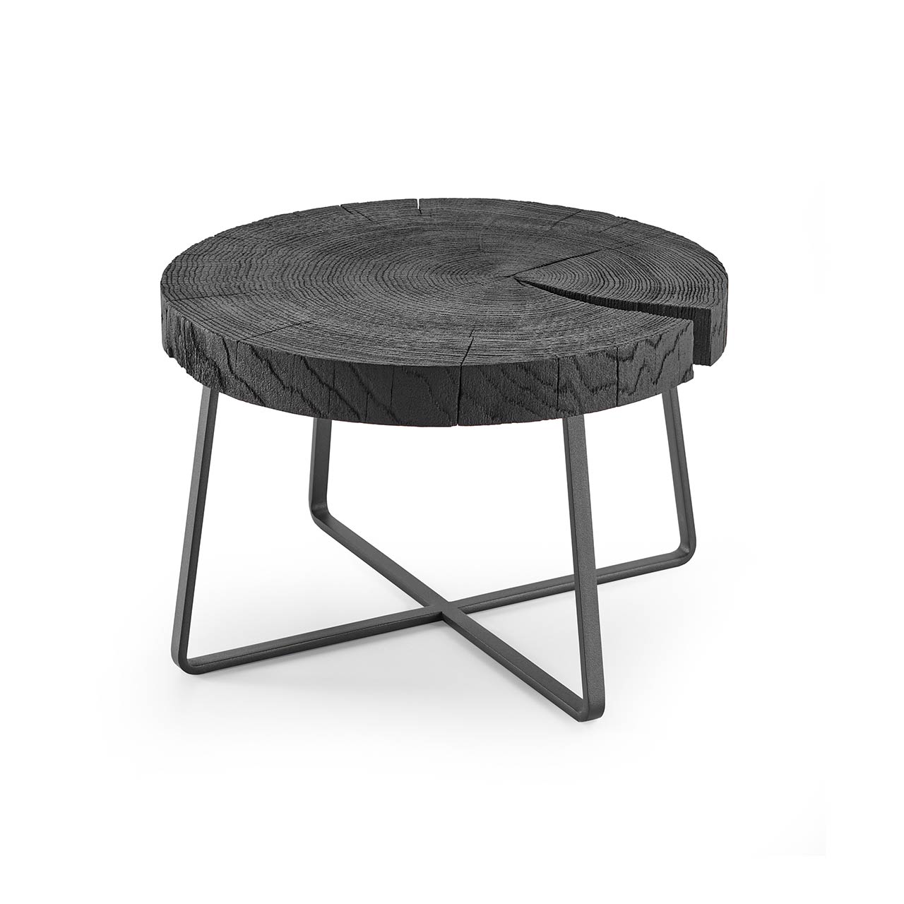 Moderner Couchtisch mit runder Baumscheibenplatte aus Kernesche in Anthrazit und filigranem Metallgestell in Anthrazit.