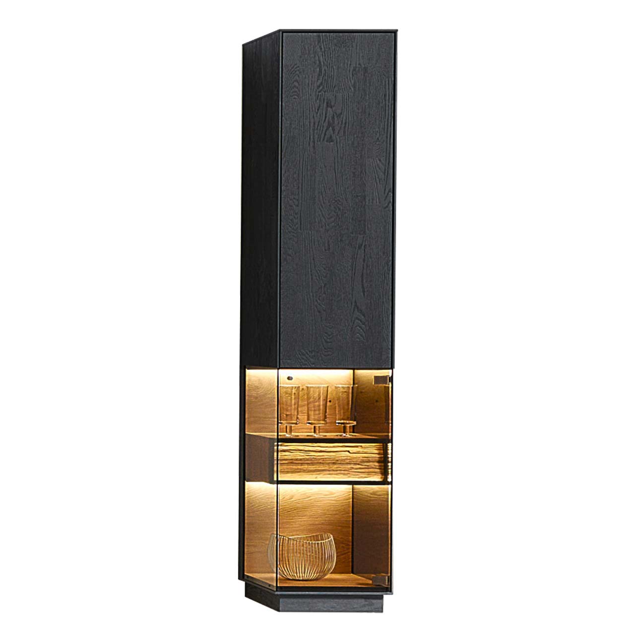 Moderne Vitrine aus massiver Kernesche anthrazit mit Spaltholz-Akzent und Parsolglas