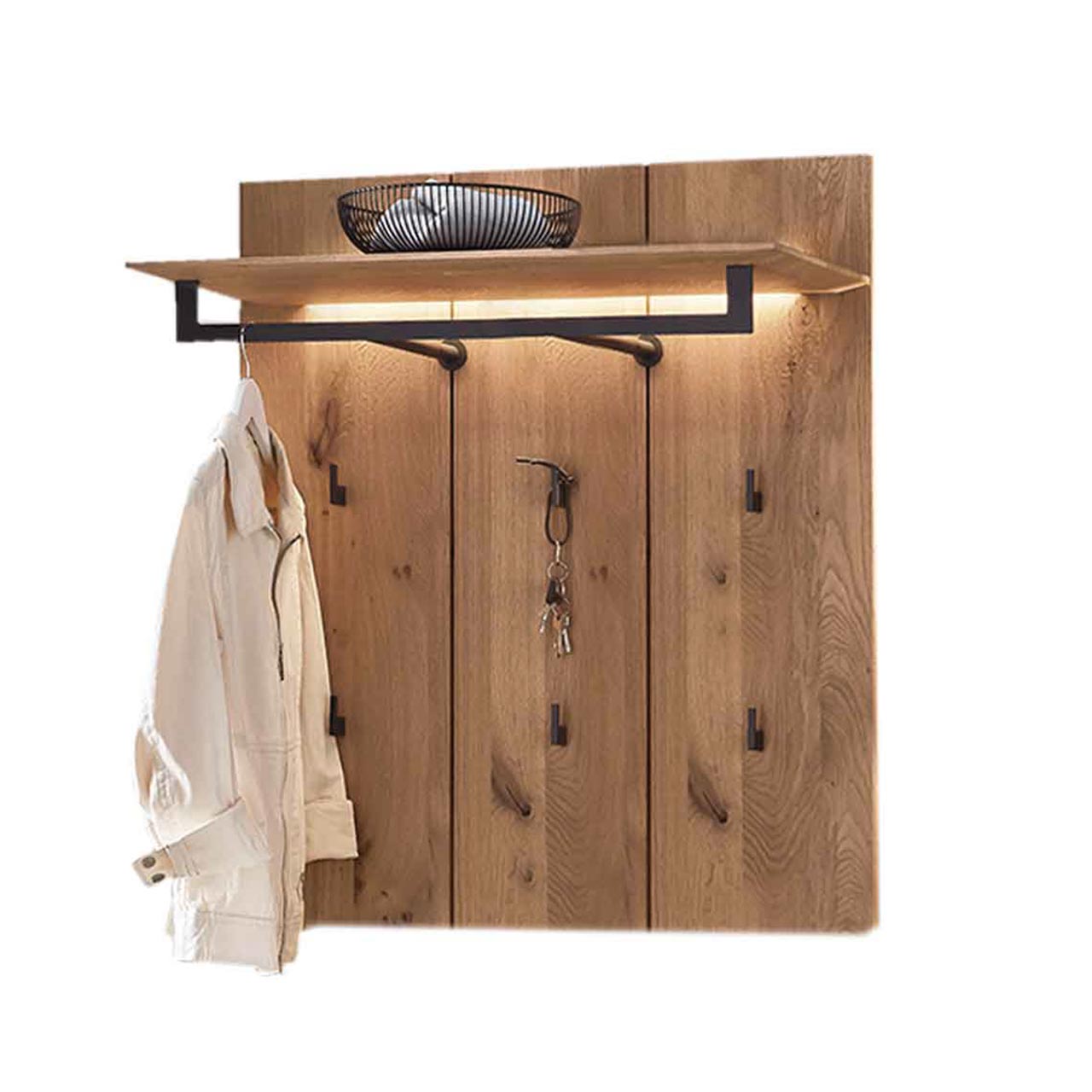 Hartmann SALVO Garderoben - Wandgarderobe 8550G-5101 - Kerneiche Natur gebürstet Rechteckiges Garderobenpaneel aus massiver Kerneiche Natur mit Hutboden sowie zwei Kleiderstangen und sechs Mantelhaken aus Metall anthrazit.