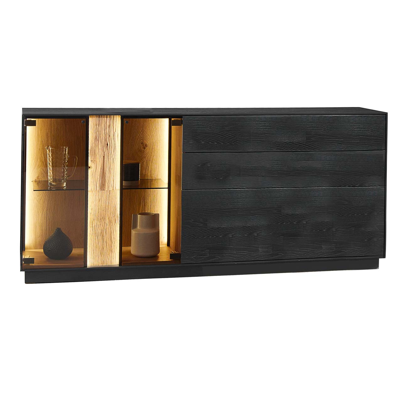 Modernes Sideboard aus massiver Kernesche anthrazit mit Spaltholz-Akzent und Parsolglas-Ausschnitt